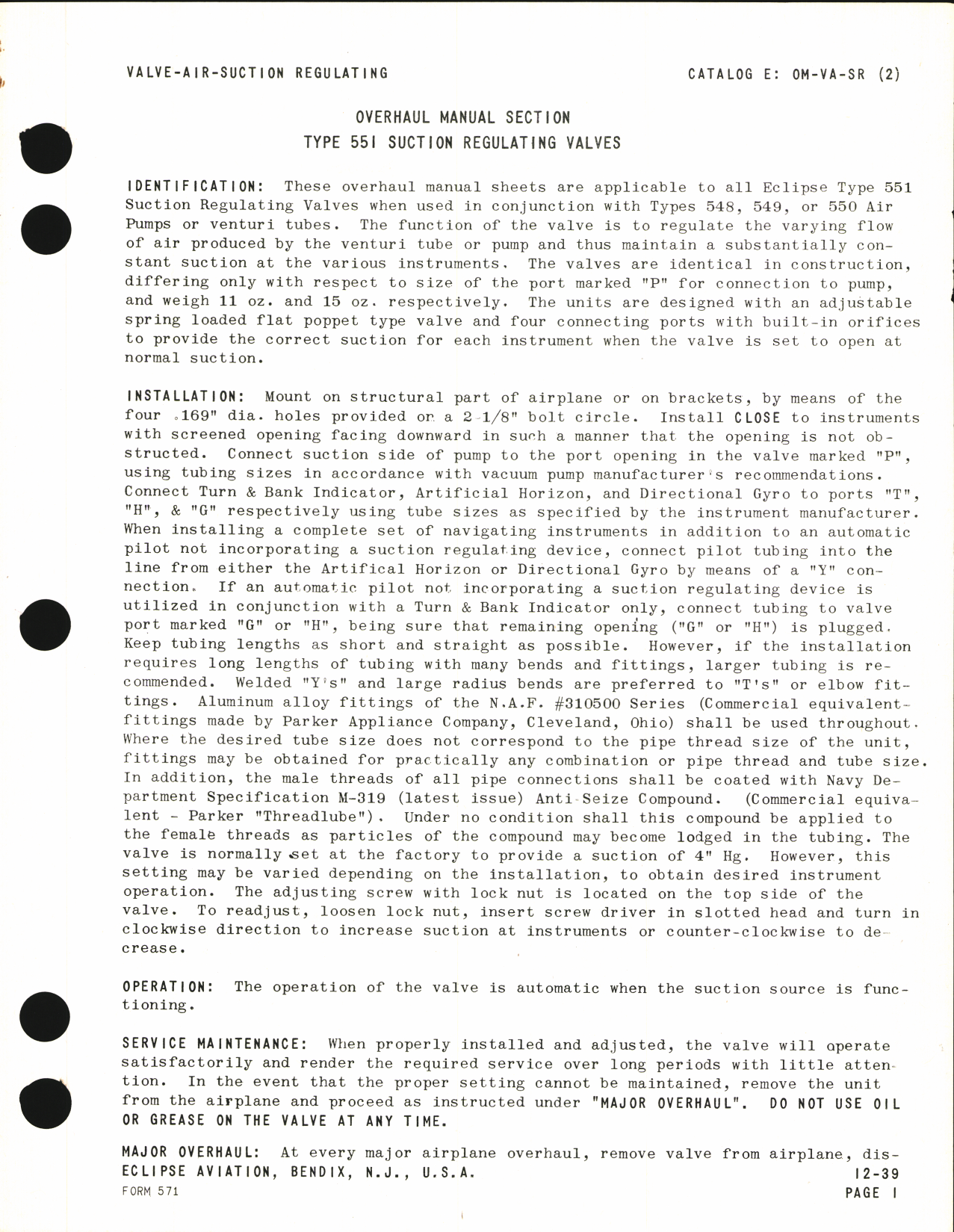 Sample page 1 from AirCorps Library document: Overhaul Manual Section Type 551 Suction Regulating Valves