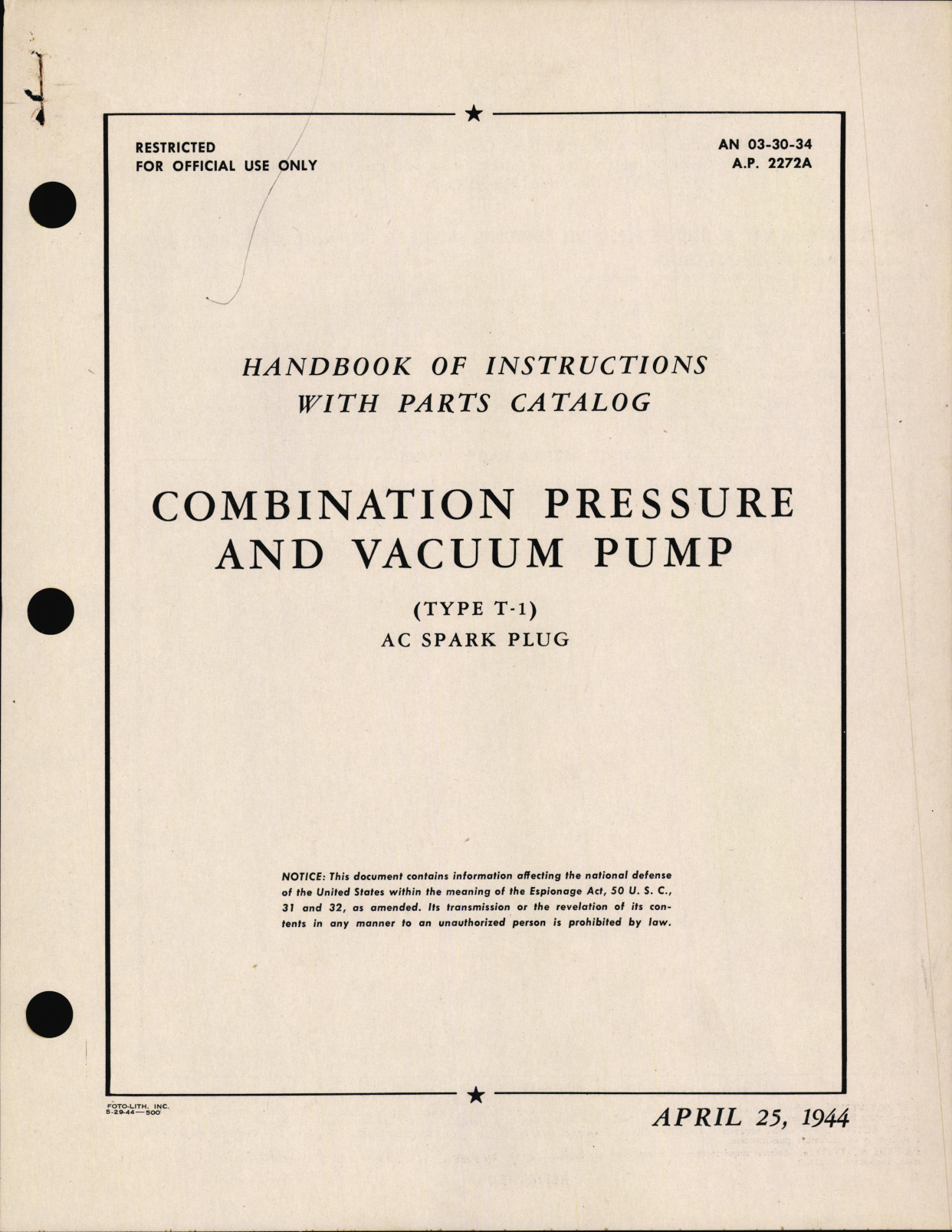 Sample page 1 from AirCorps Library document: Handbook of Instructions with Parts Catalog for Combination Pressure and vacuum Pump
