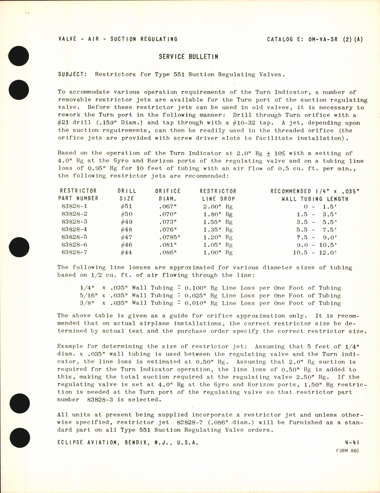 Sample page 1 from AirCorps Library document: Service Bulletin, Subject: Restrictors for Type 551 Suction Regulating Valves