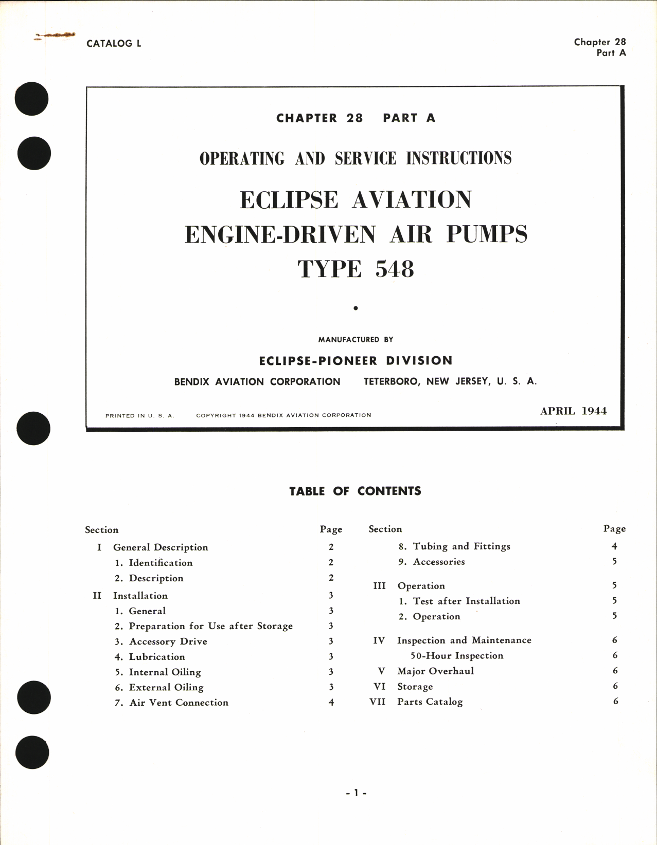 Sample page 1 from AirCorps Library document: Operating and Service Instructions for Eclipse Aviation Engine-Driven Air Pumps Type 548