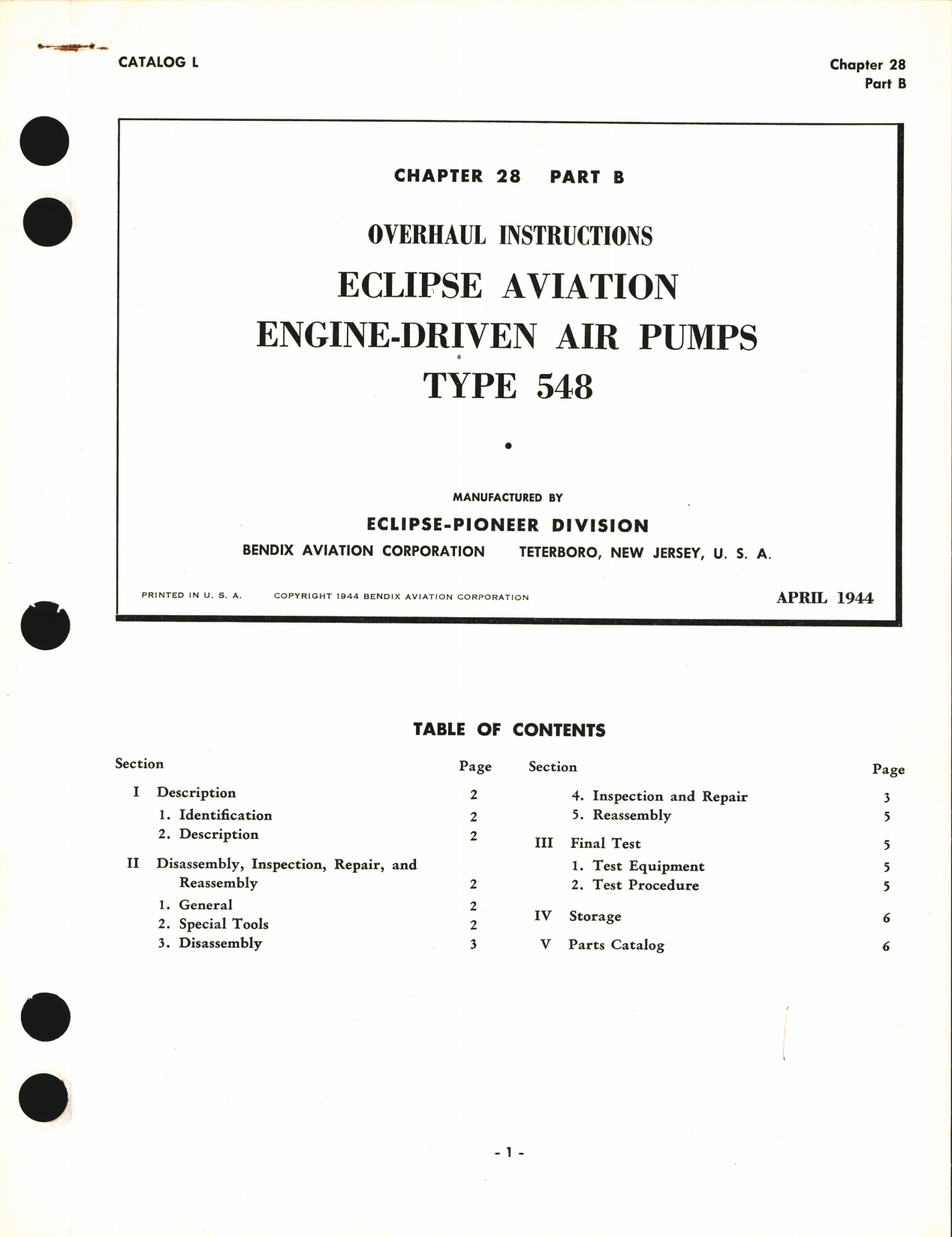 Sample page 1 from AirCorps Library document: Overhaul Instructions Eclipse Aviation Engine-Driven Air Pumps Type 548