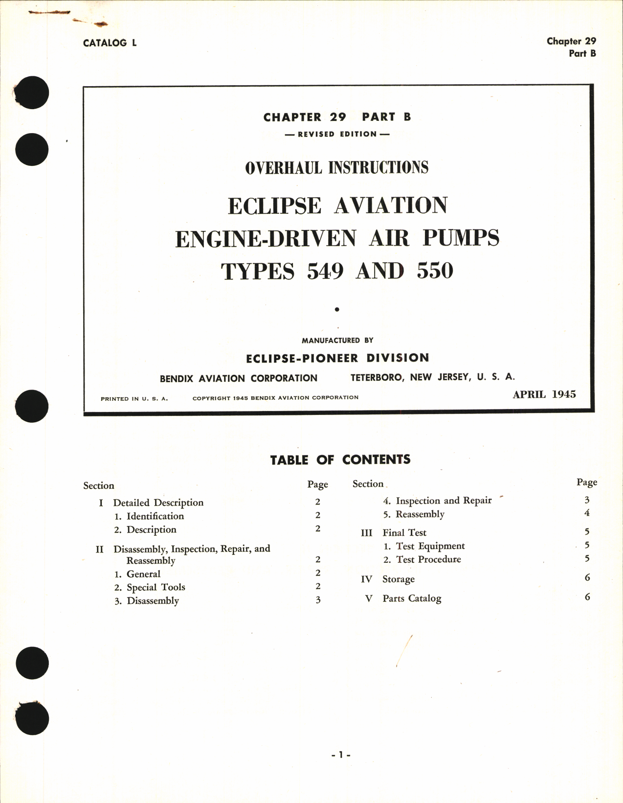 Sample page 1 from AirCorps Library document: Overhaul Instructions for Eclipse Aviation Engine-Driven Air Pumps Types 549 and 550