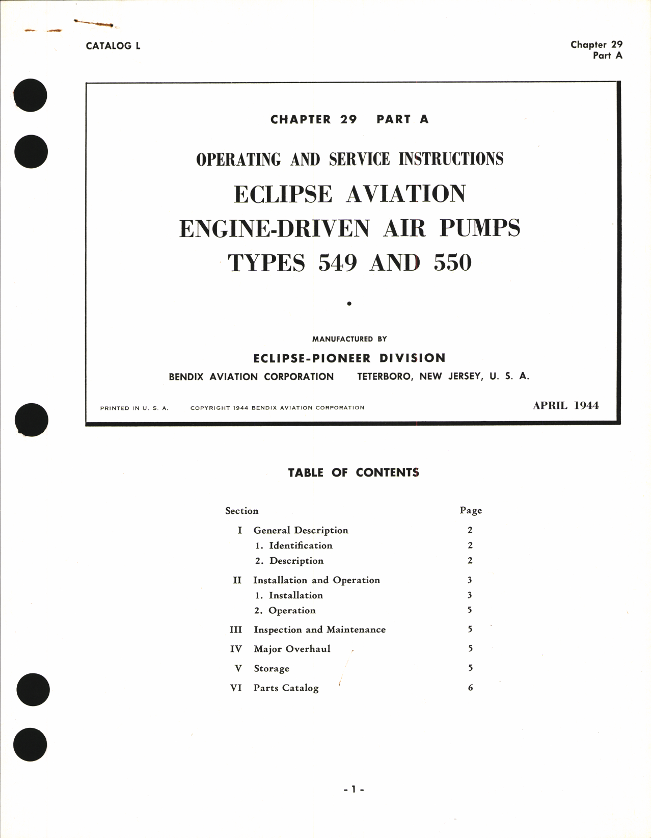 Sample page 1 from AirCorps Library document: Operating and Service Instructions for Eclipse Aviation Engine-Driven Air Pumps Types 549 and 550