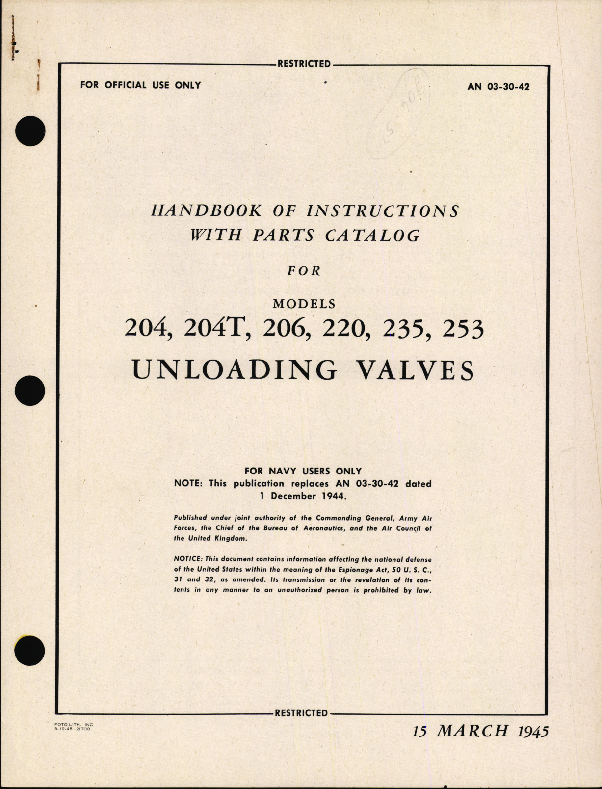 Sample page 1 from AirCorps Library document: Handbook of Instructions with Parts Catalog for Unloading Valves