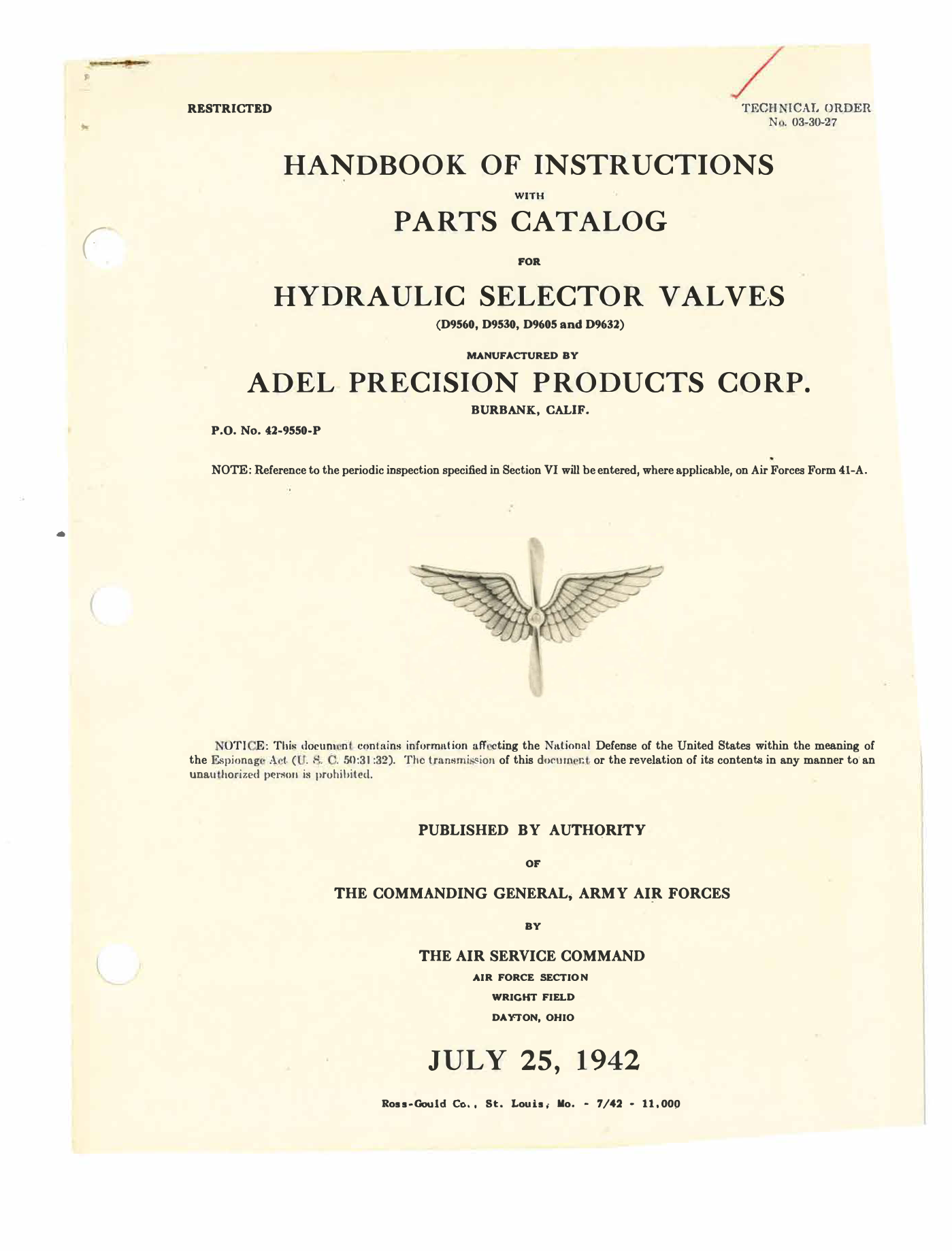 Sample page 1 from AirCorps Library document: Handbook of Instructions with Parts Catalog for Hydraulic Selector Valves
