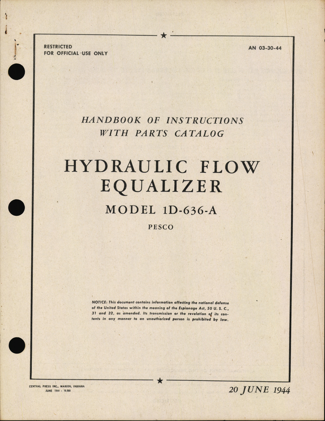 Sample page 1 from AirCorps Library document: Handbook of Instructions with Parts Catalog for Hydraulic Flow Equalizer Model 1D-636-A