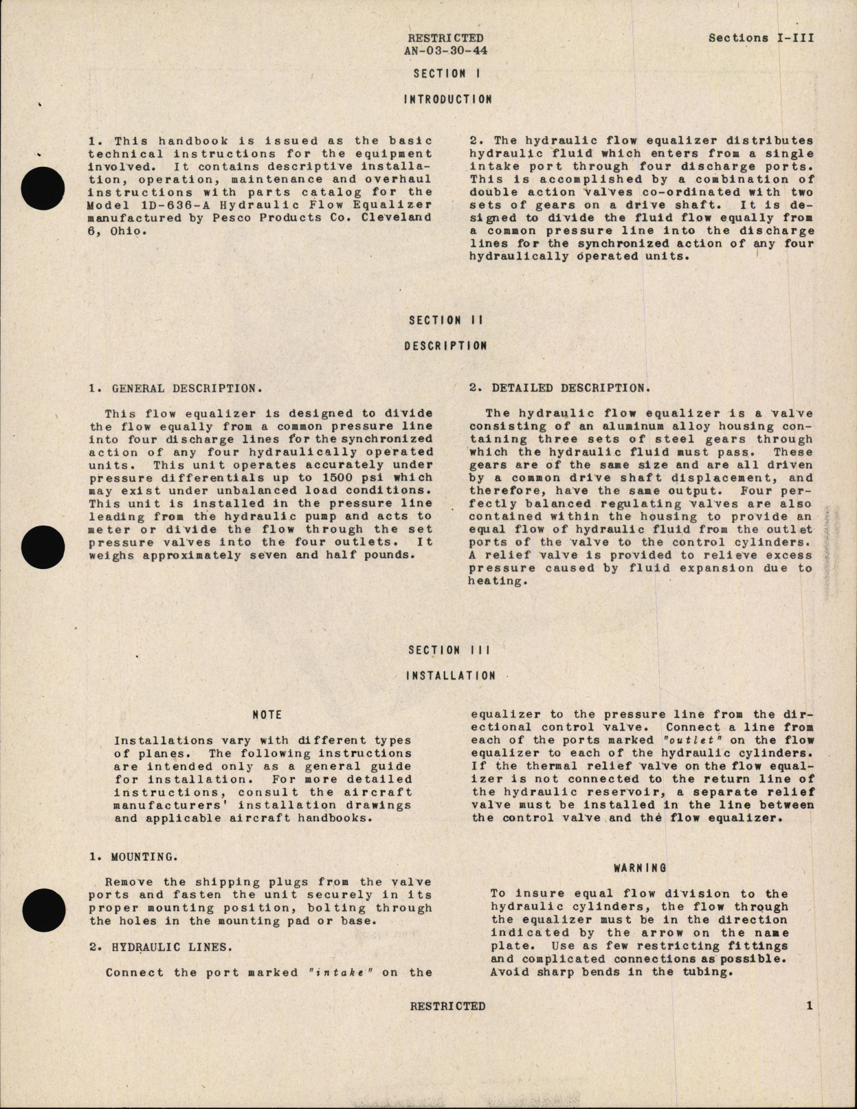 Sample page 5 from AirCorps Library document: Handbook of Instructions with Parts Catalog for Hydraulic Flow Equalizer Model 1D-636-A