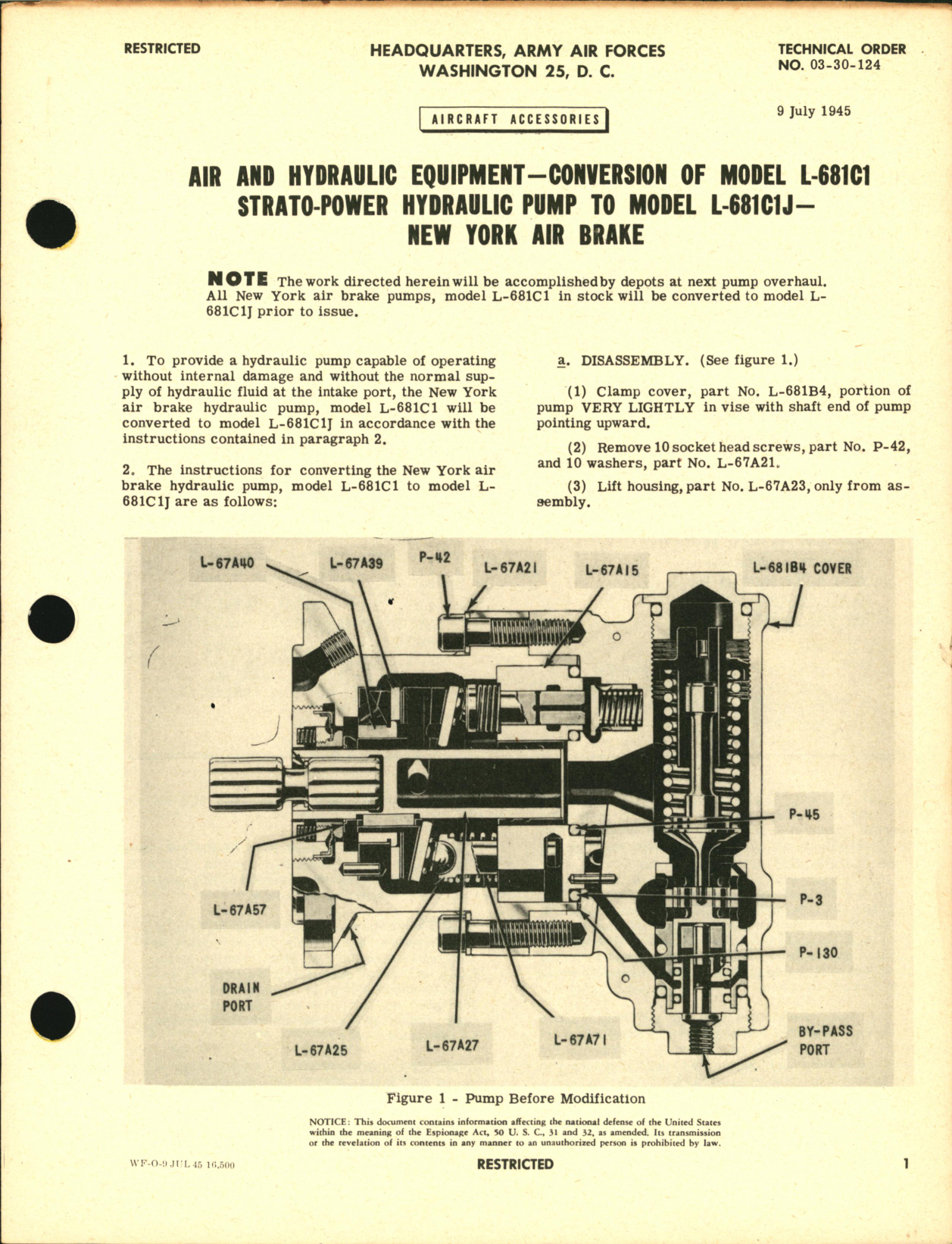 Sample page 1 from AirCorps Library document: Air and Hydraulic Equipment Conversion of Model L-681C1 Strato-Power Hydraulic Pump to Model L-681C1J New York Air Brake