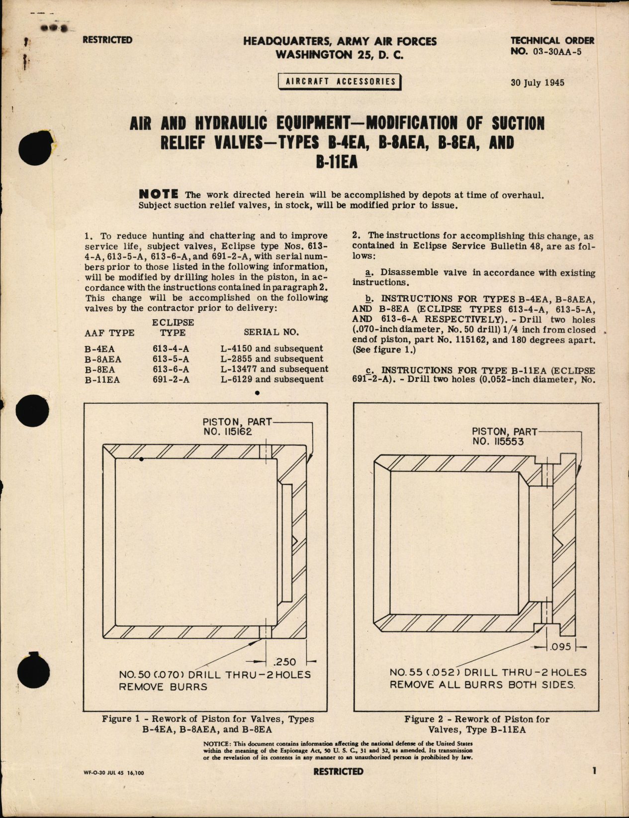 Sample page 1 from AirCorps Library document: Air and Hydraulic Equipment Modification of Suction Relief Valves