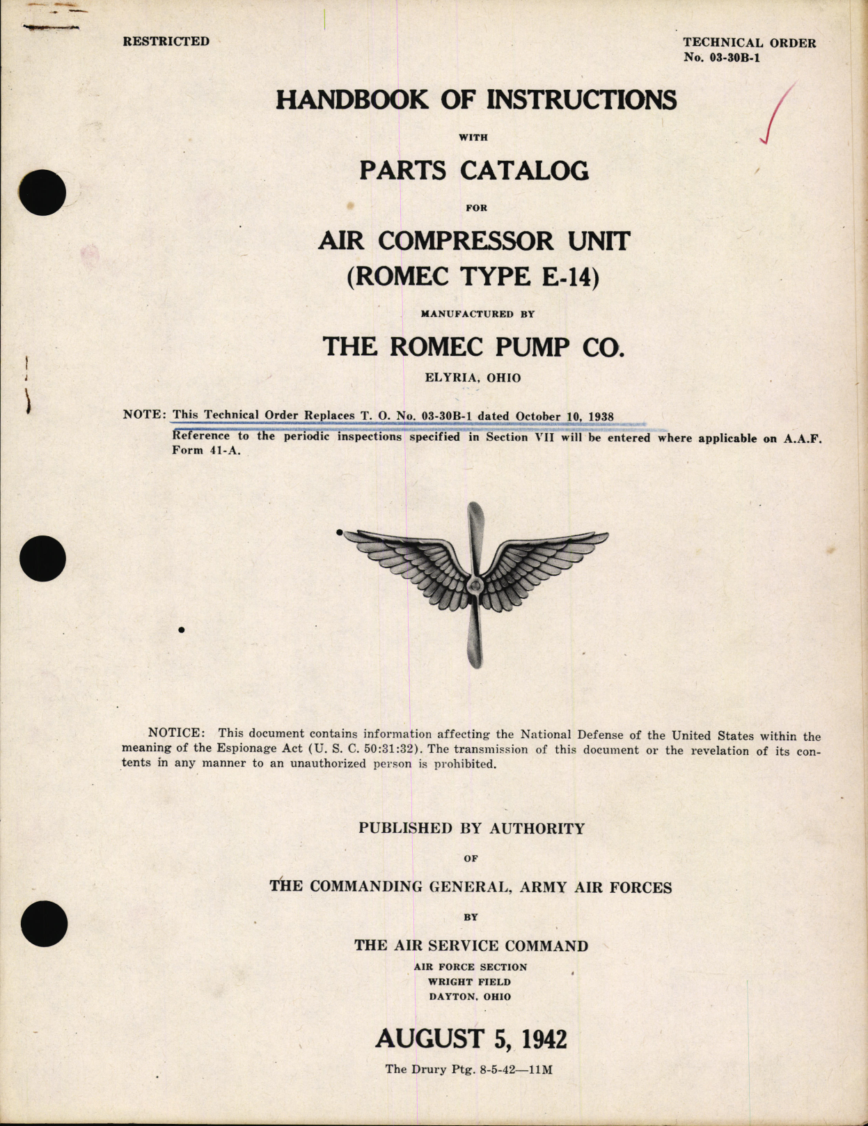 Sample page 1 from AirCorps Library document: Handbook of Instructions with Parts Catalog for Air Compressor Unit Romec Type E-14