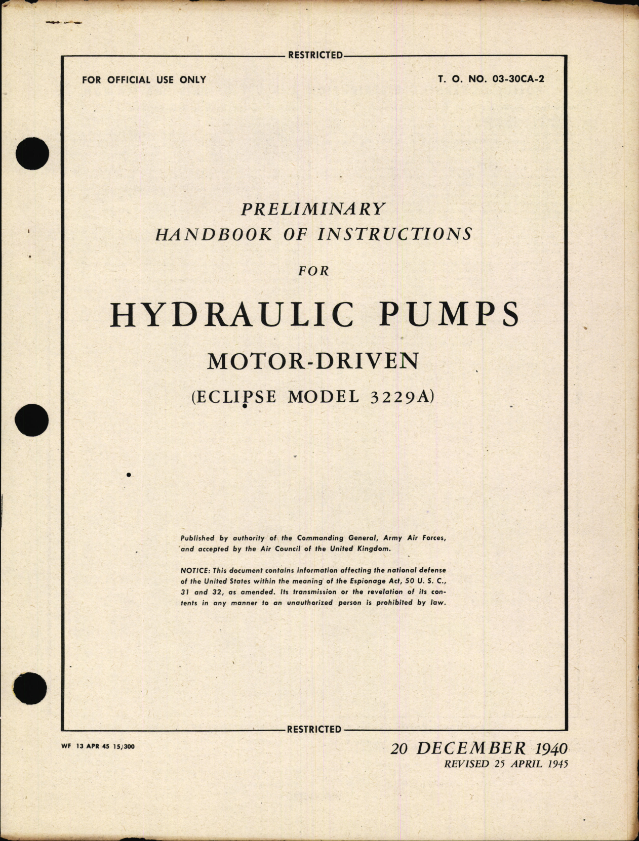Sample page 1 from AirCorps Library document: Preliminary Handbook of Instructions for Motor-Driven Hydraulic Pumps Eclipse Model 3229A