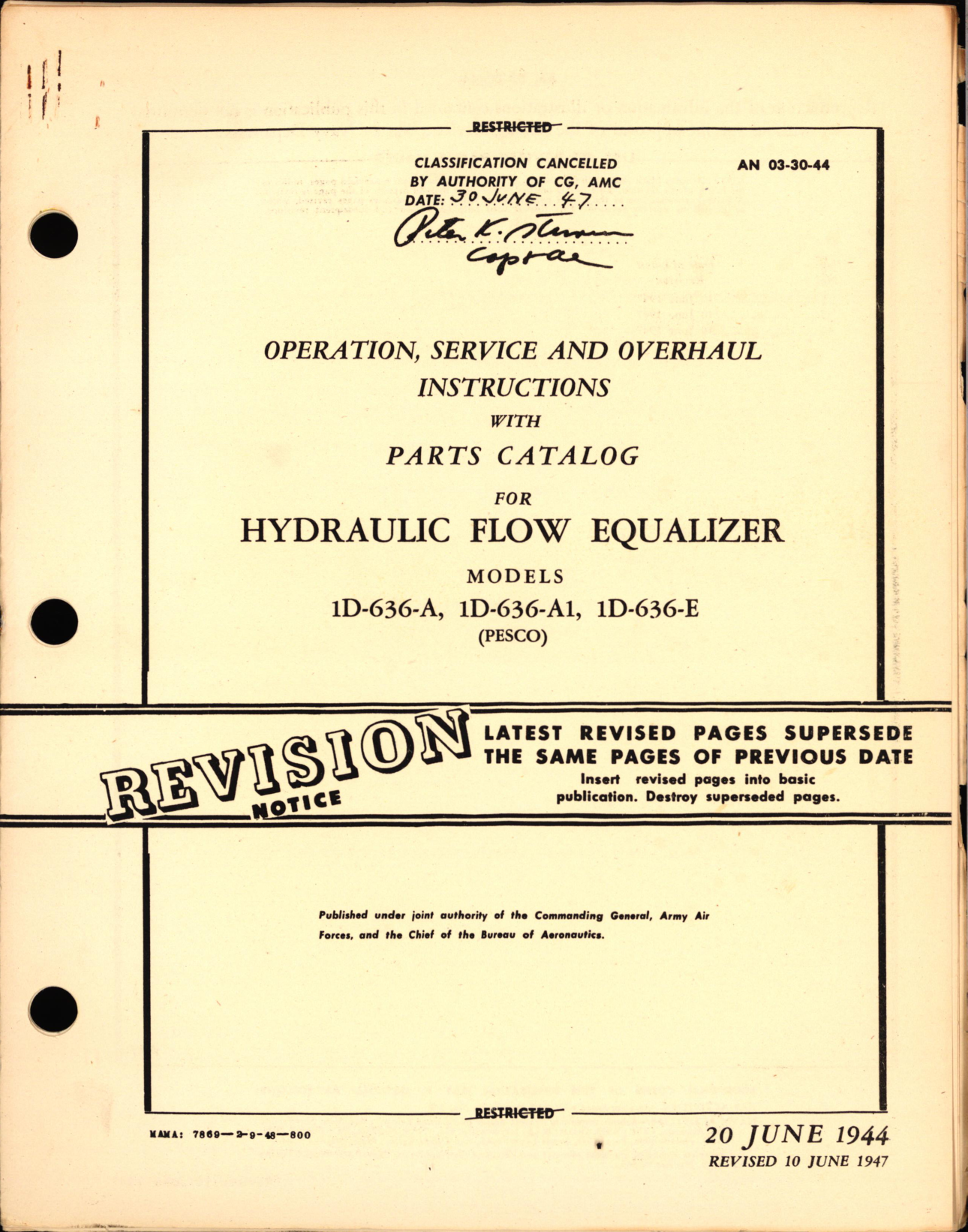 Sample page 1 from AirCorps Library document: Operation, Service and Overhaul Instructions with Parts Catalog for Hydraulic Flow Equalizer