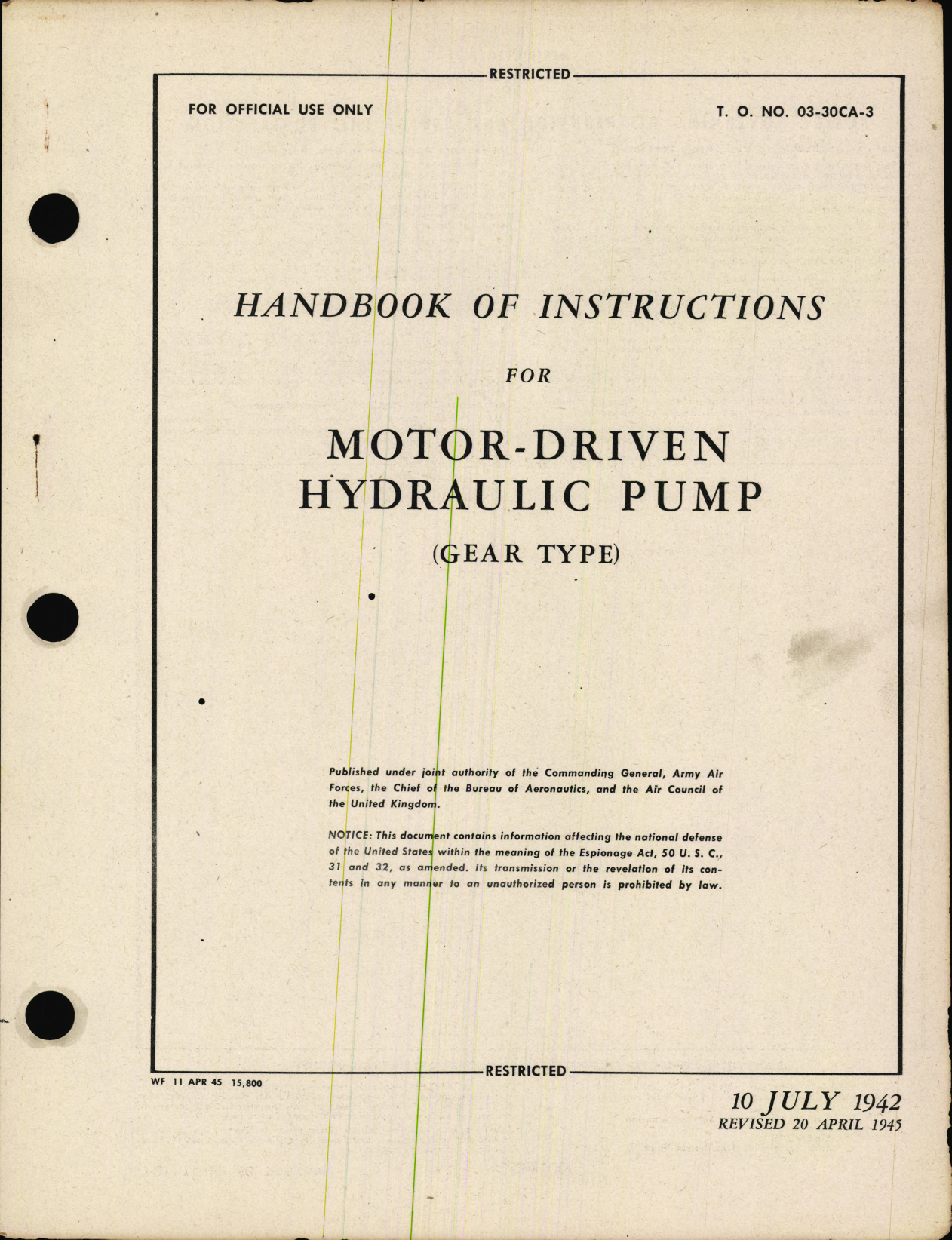 Sample page 1 from AirCorps Library document: Handbook of Instructions for Motor-Driven hydraulic Pump (Gear type)