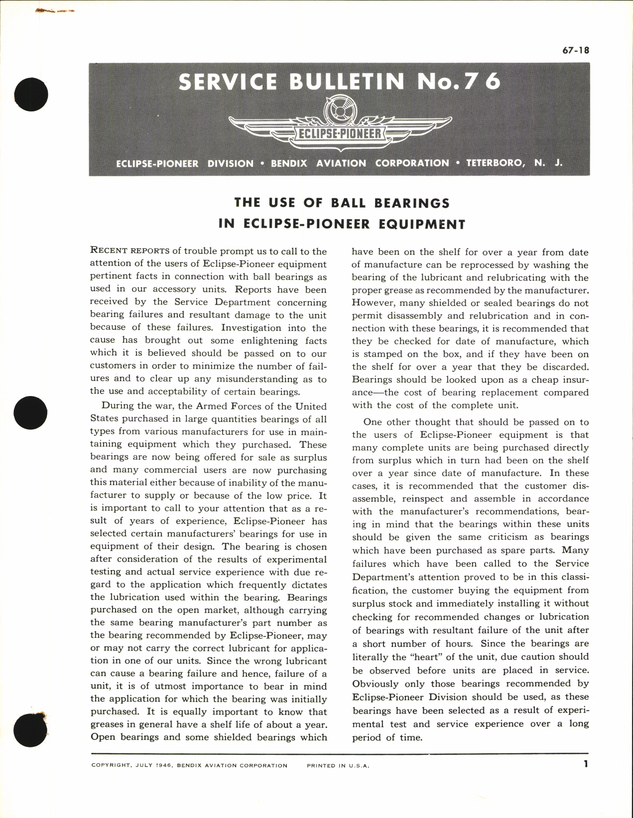 Sample page 1 from AirCorps Library document: The Use of Ball Bearings in Eclipse-Pioneer Equipment