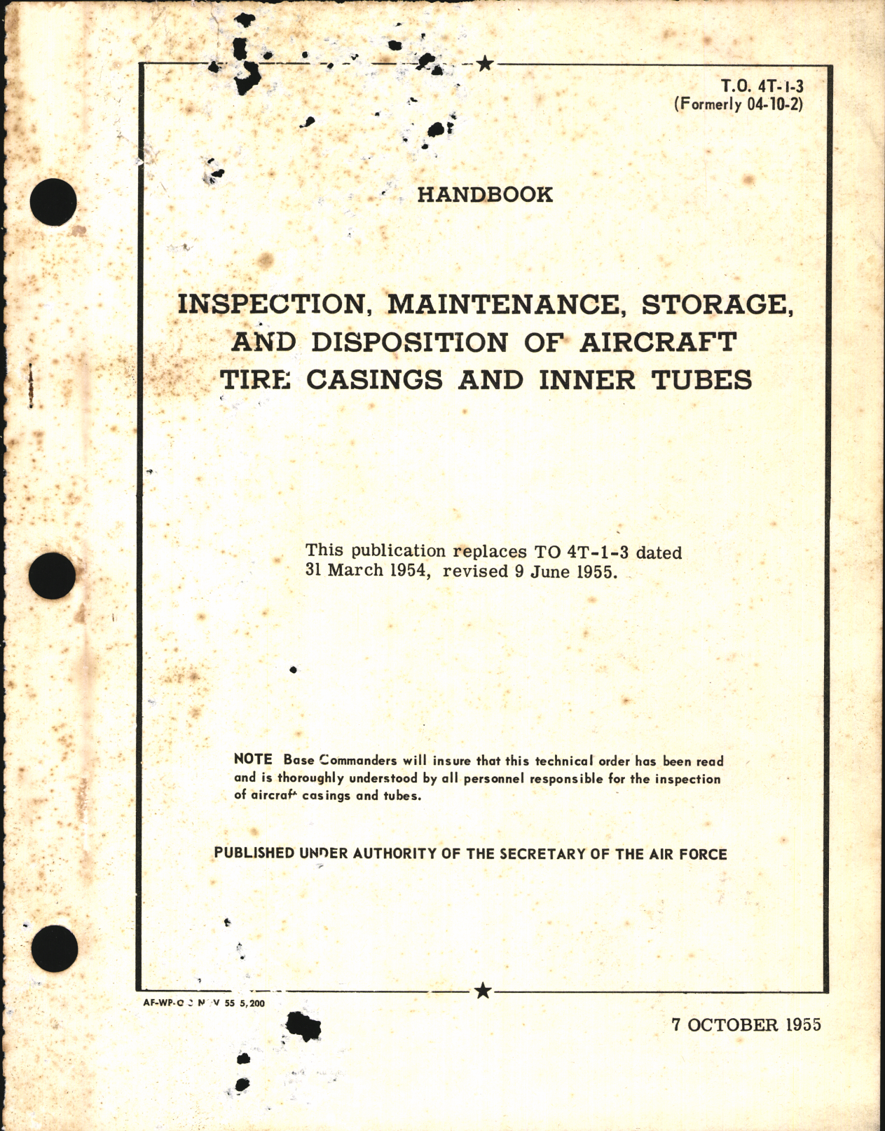 Sample page 1 from AirCorps Library document: Inspection, Maintenance, Storage, and Disposition of Aircraft Tire Casings and Inner Tubes