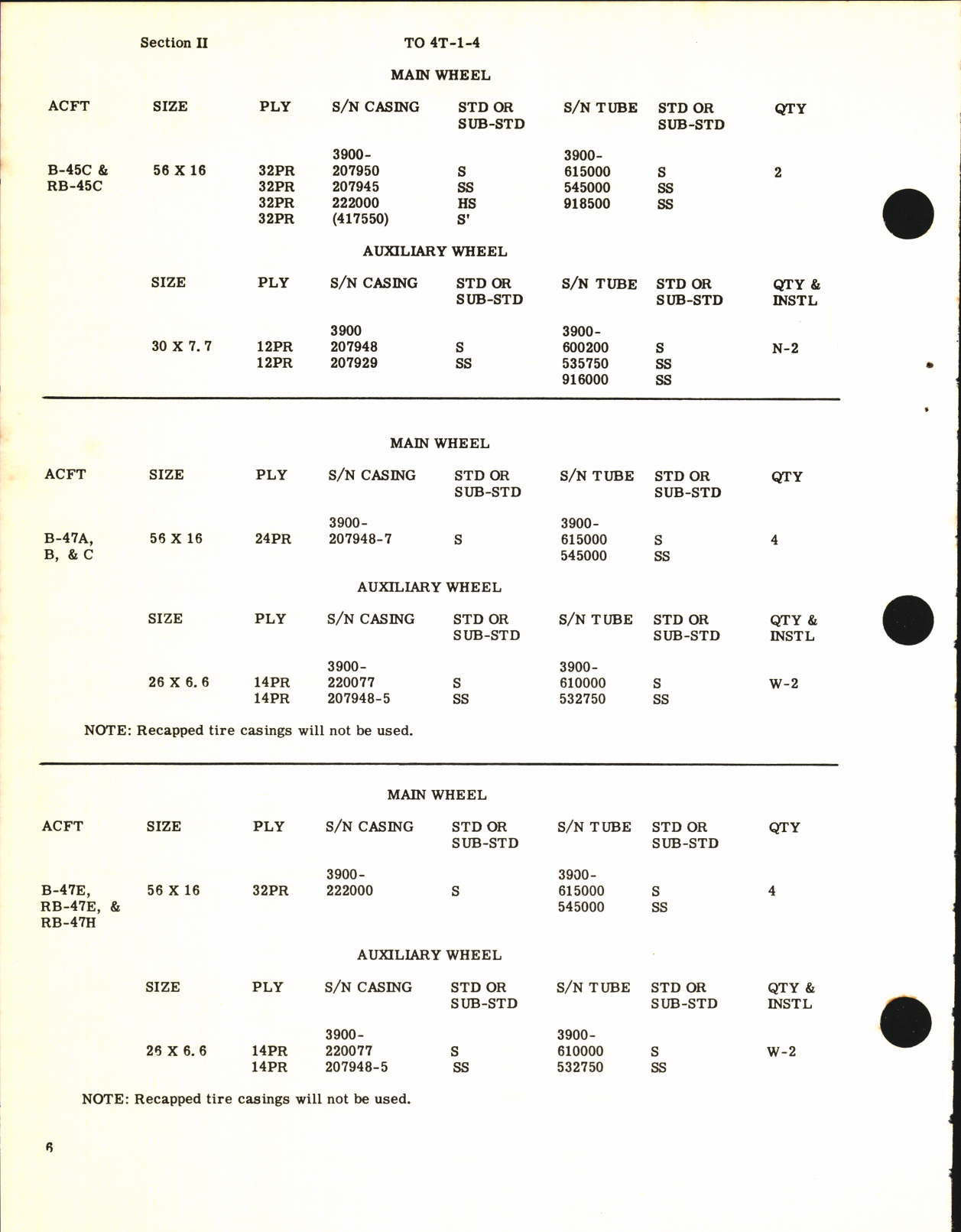 Sample page 8 from AirCorps Library document: Application Table for Aircraft Tire Casings and Tubes