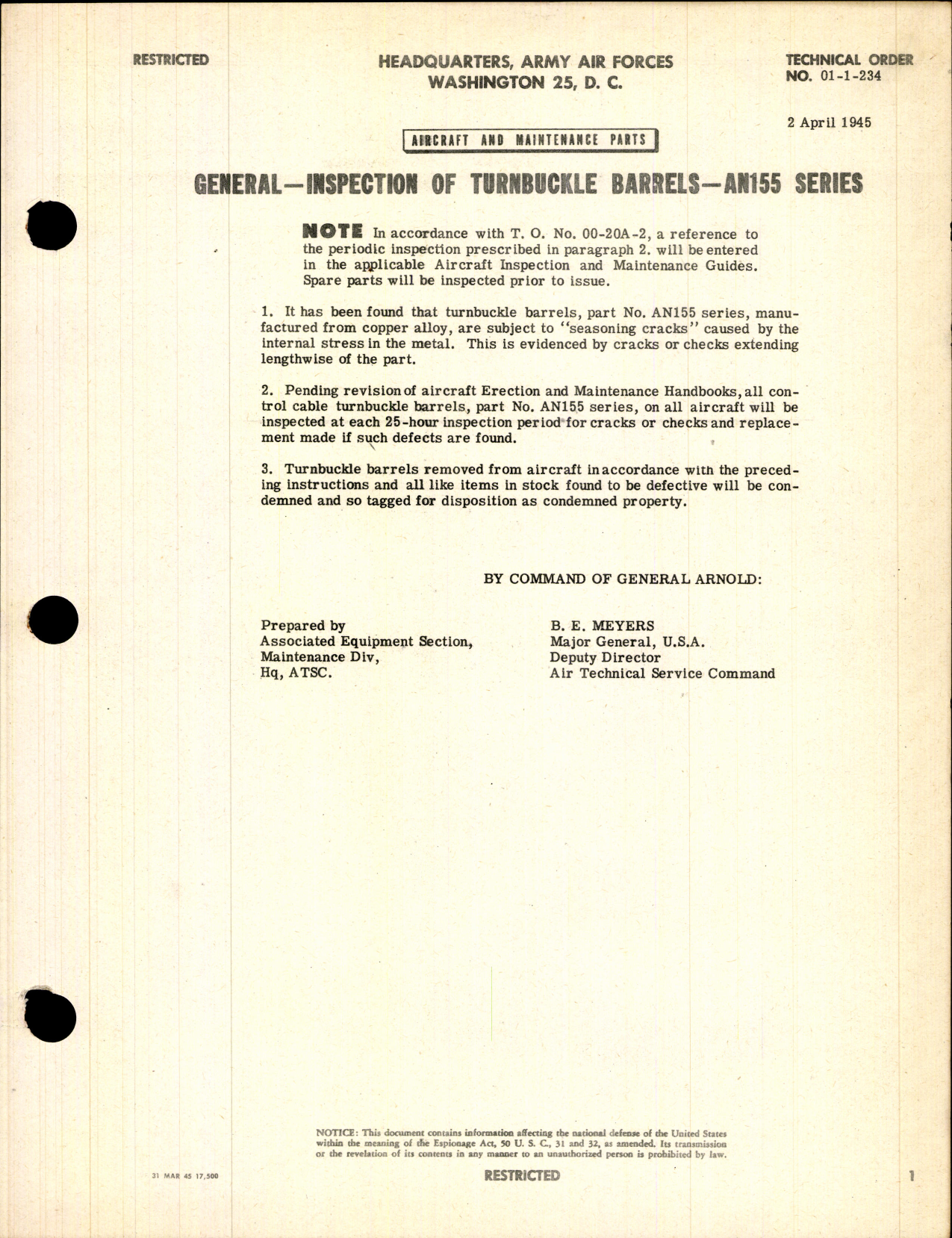 Sample page 1 from AirCorps Library document: Inspection of Turnbuckle Barrels - AN155 Series