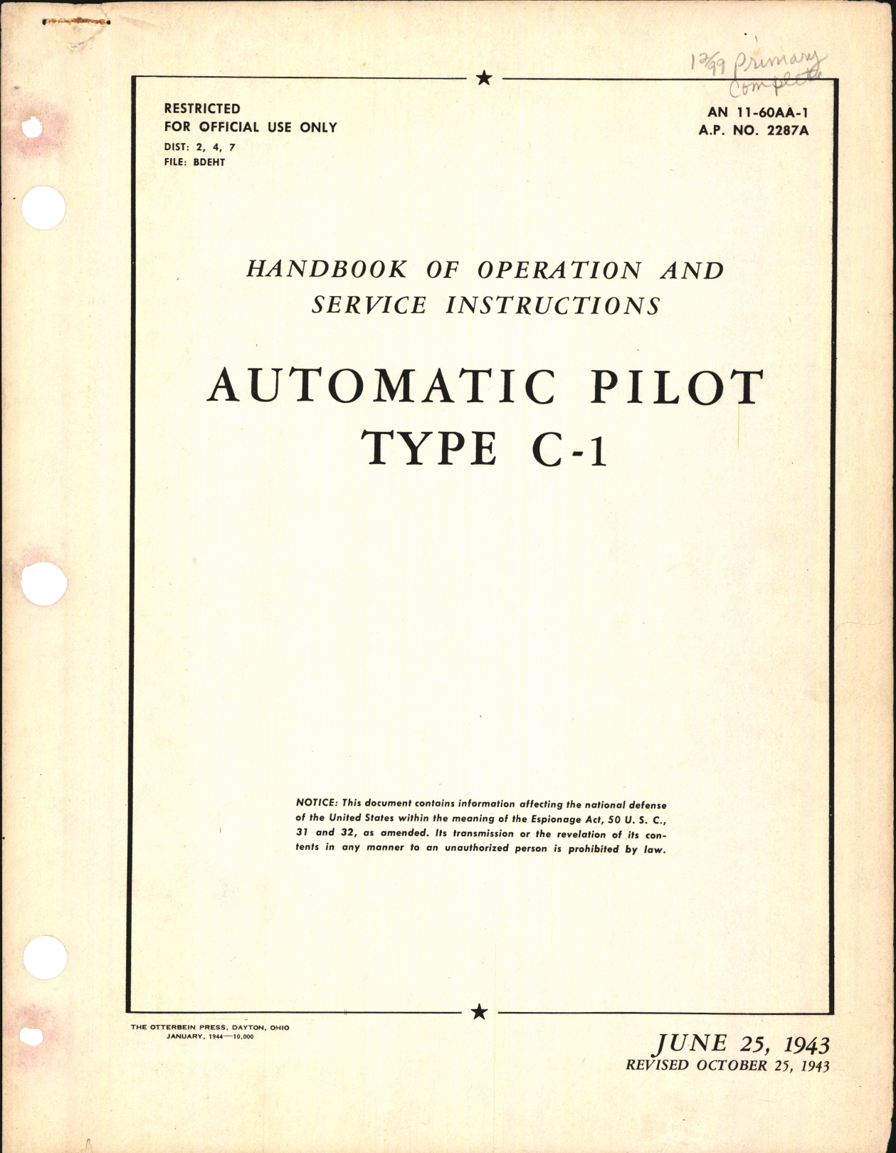 Sample page 1 from AirCorps Library document: Handbook of Operation and Service Instructions for Automatic Pilot Type C-1