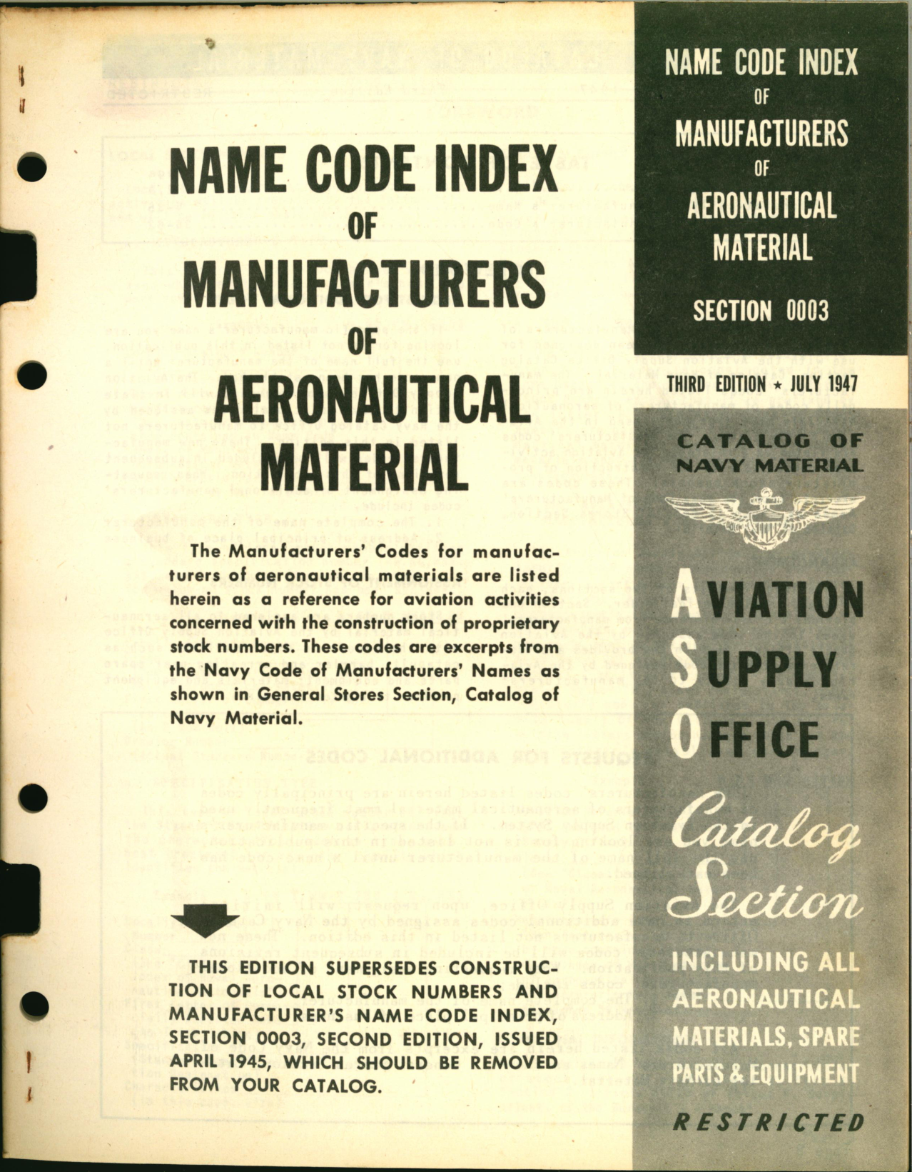 Sample page 1 from AirCorps Library document: Name of Code Index of Manufacturers of Aeronautical Material