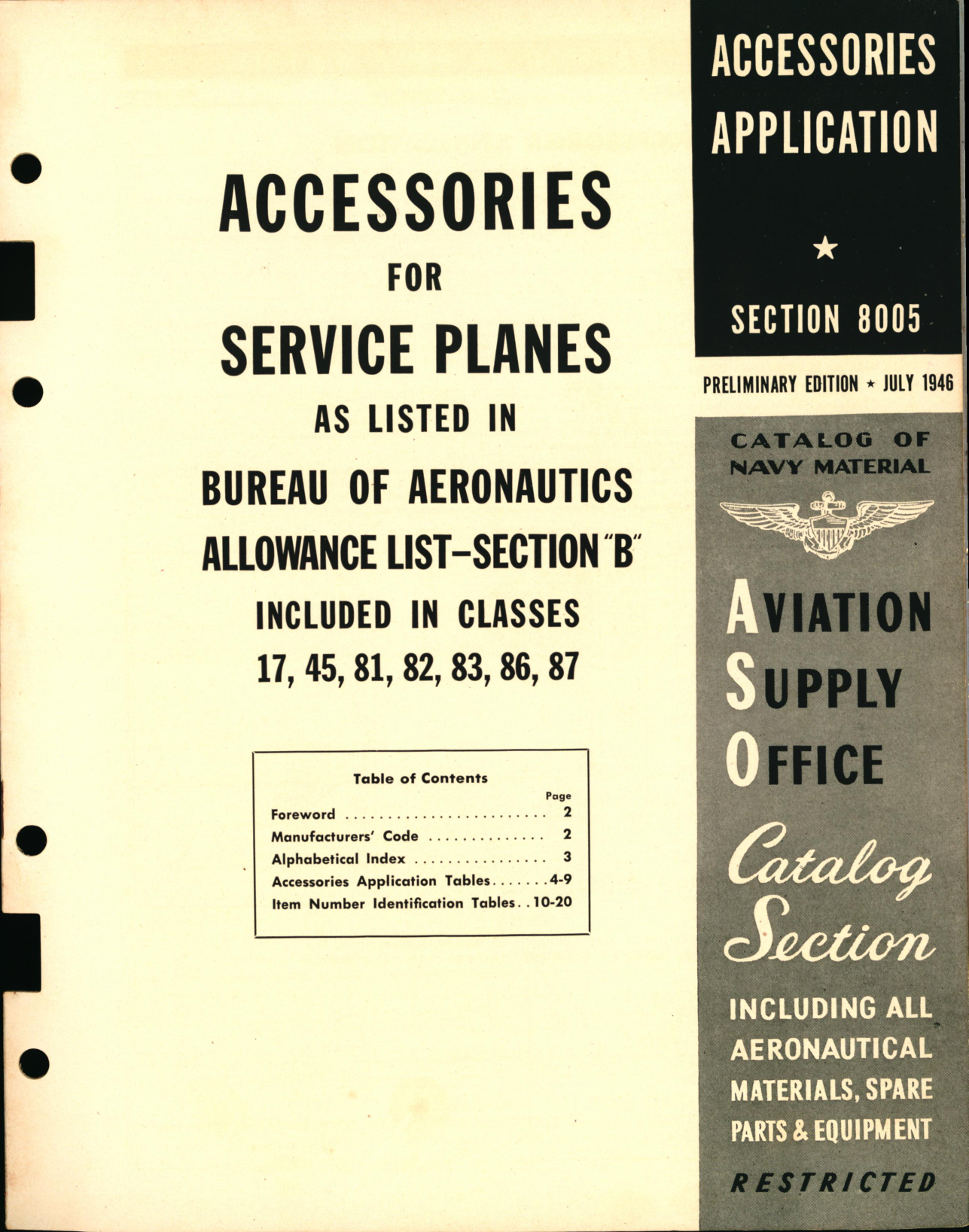 Sample page 1 from AirCorps Library document: Accessories for Service Planes as Listed in Bureau of Aeronautics Allowance List Section B