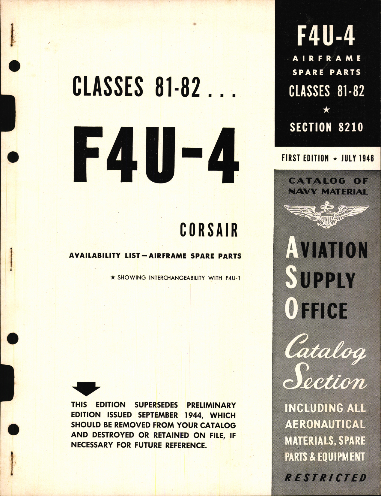 Sample page 1 from AirCorps Library document: F4U-4 Corsair Availability List and Airframe Spare Parts