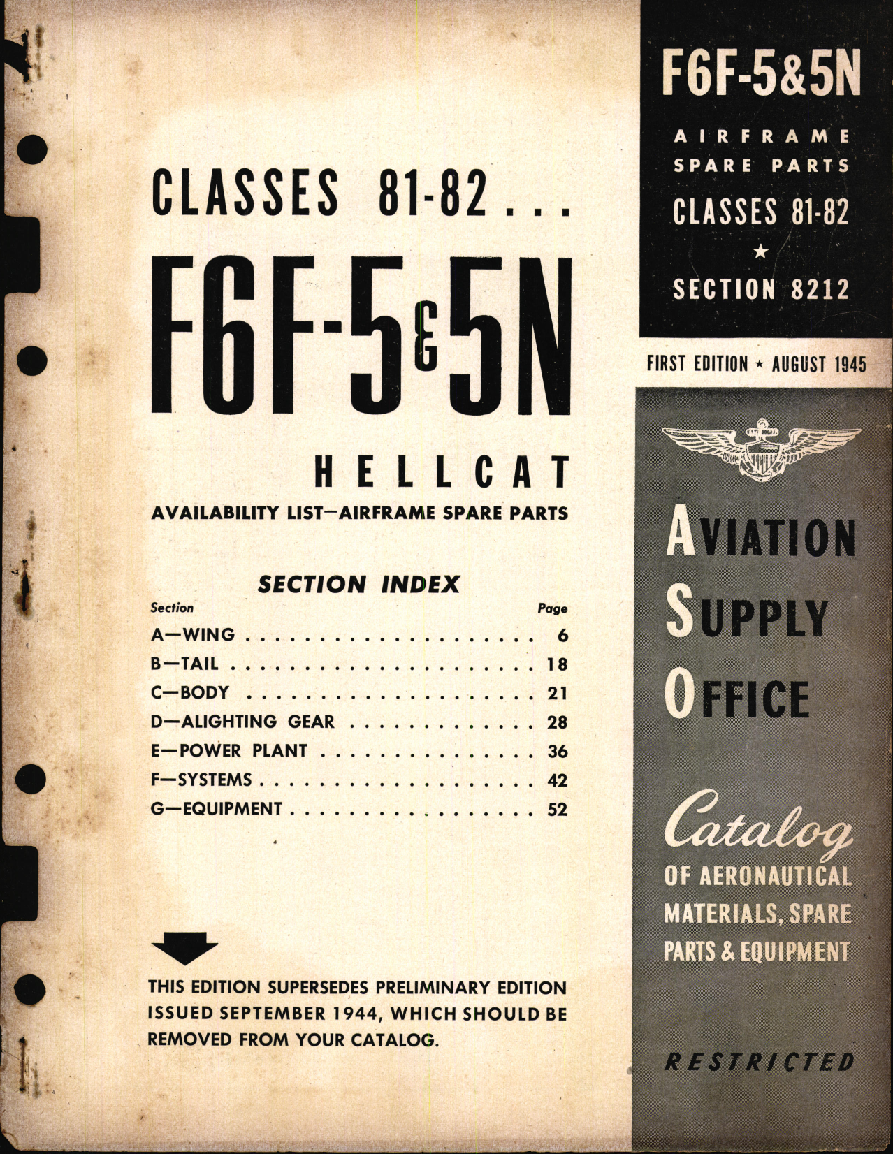 Sample page 1 from AirCorps Library document: F6F-5&5N Hellcat Availability List and Airframe Spare Parts