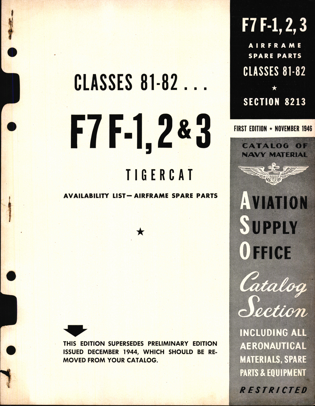 Sample page 1 from AirCorps Library document: F7 F-1, 2&3 Tigercat Availability List and Airframe Spare Parts
