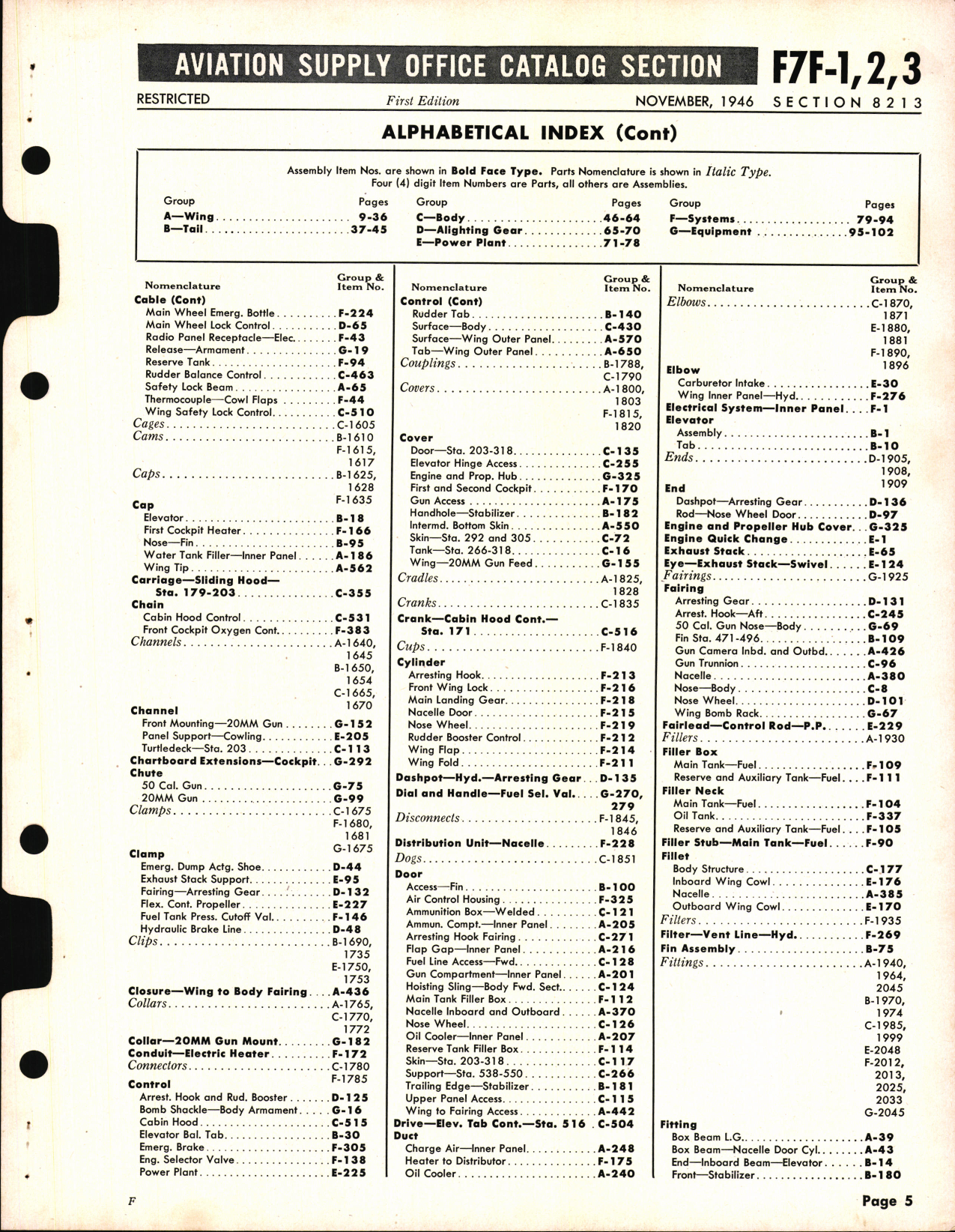 Sample page 5 from AirCorps Library document: F7 F-1, 2&3 Tigercat Availability List and Airframe Spare Parts