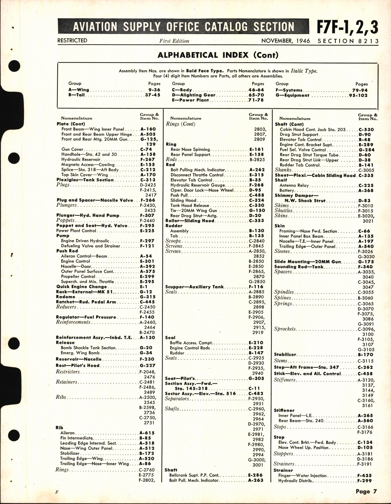 Sample page 7 from AirCorps Library document: F7 F-1, 2&3 Tigercat Availability List and Airframe Spare Parts