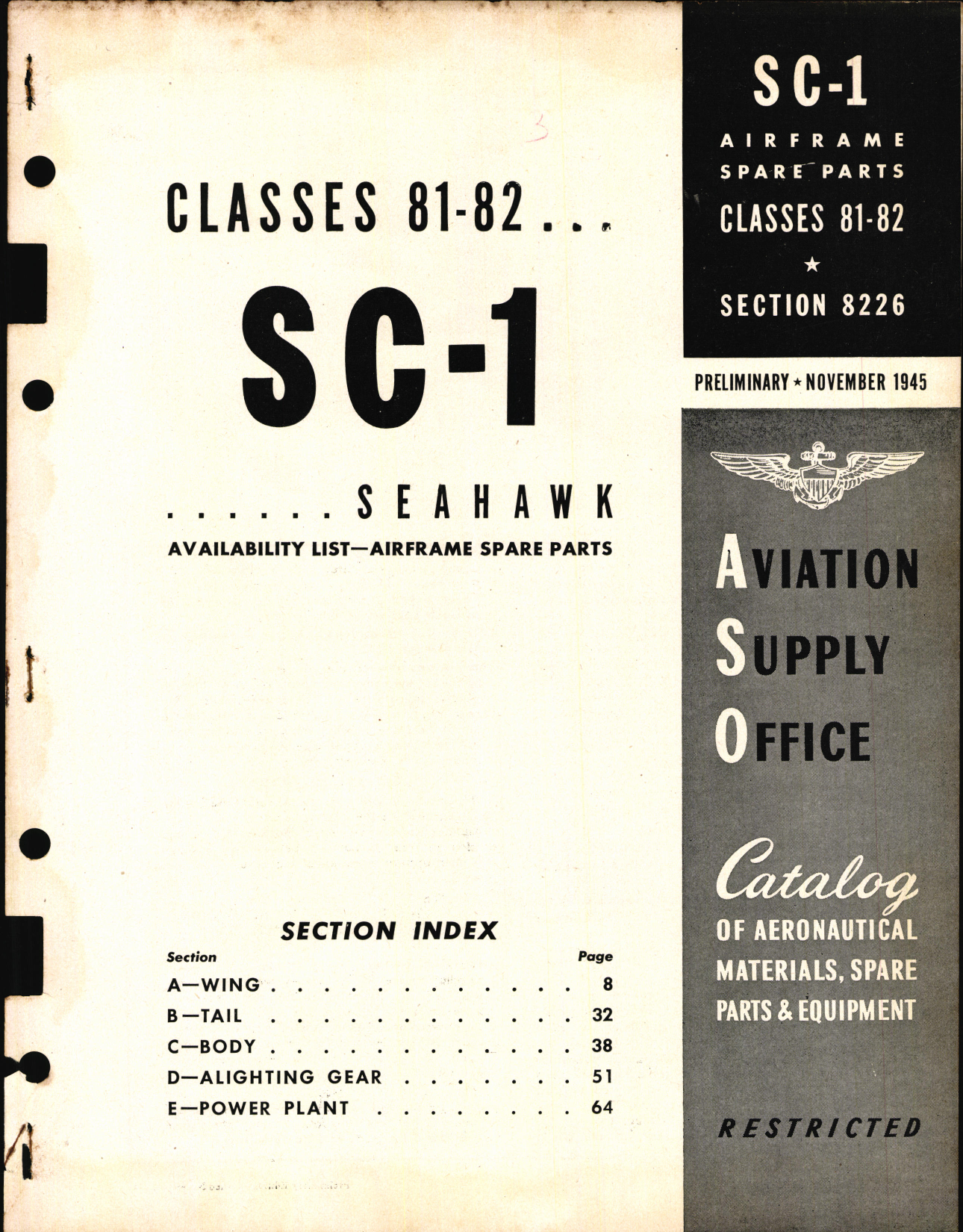 Sample page 1 from AirCorps Library document: SC-1 Curtiss Seahawk, Availability List and Airframe Spare Parts
