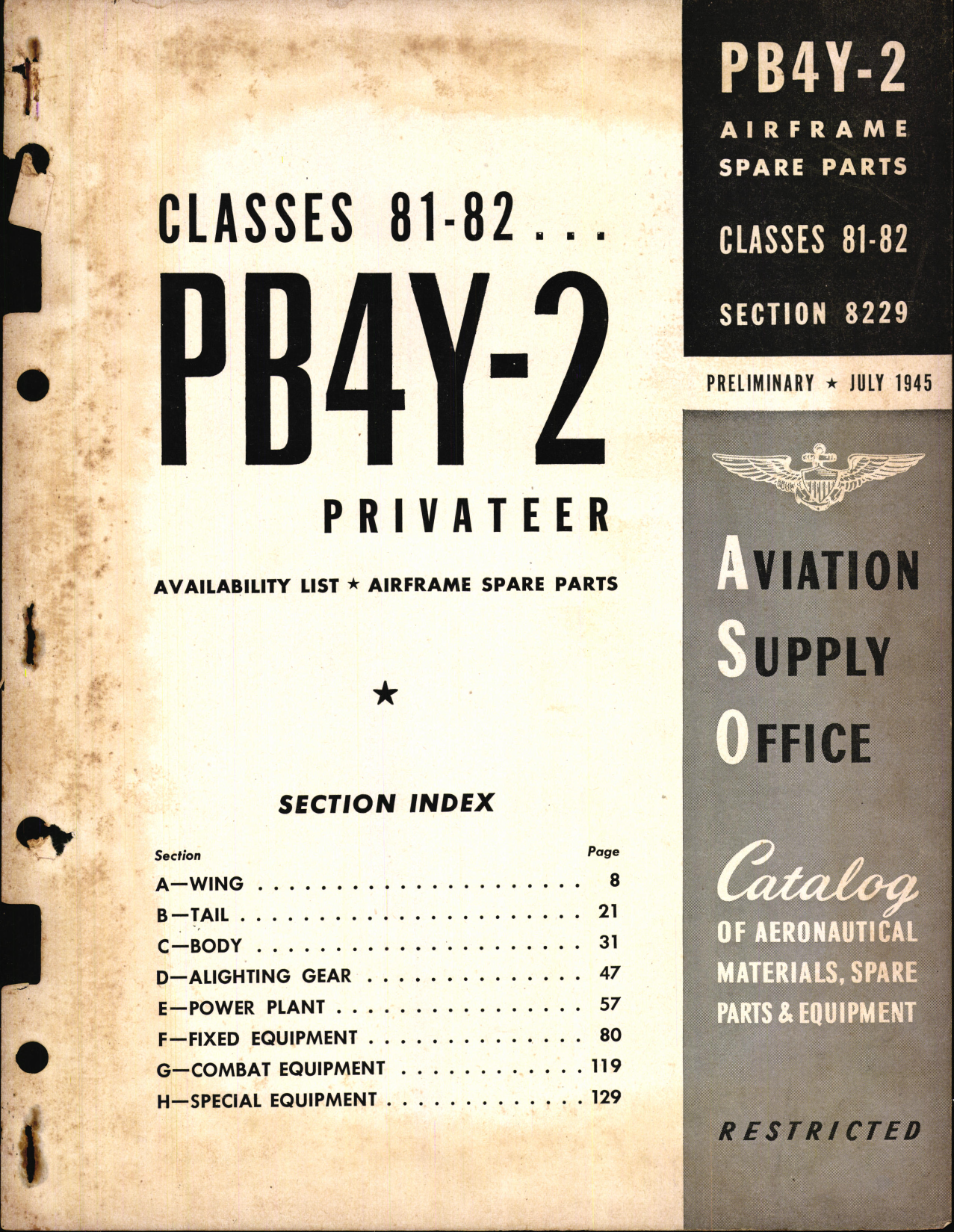 Sample page 1 from AirCorps Library document: PB4Y-2 Privateer Availability List and Spare Parts