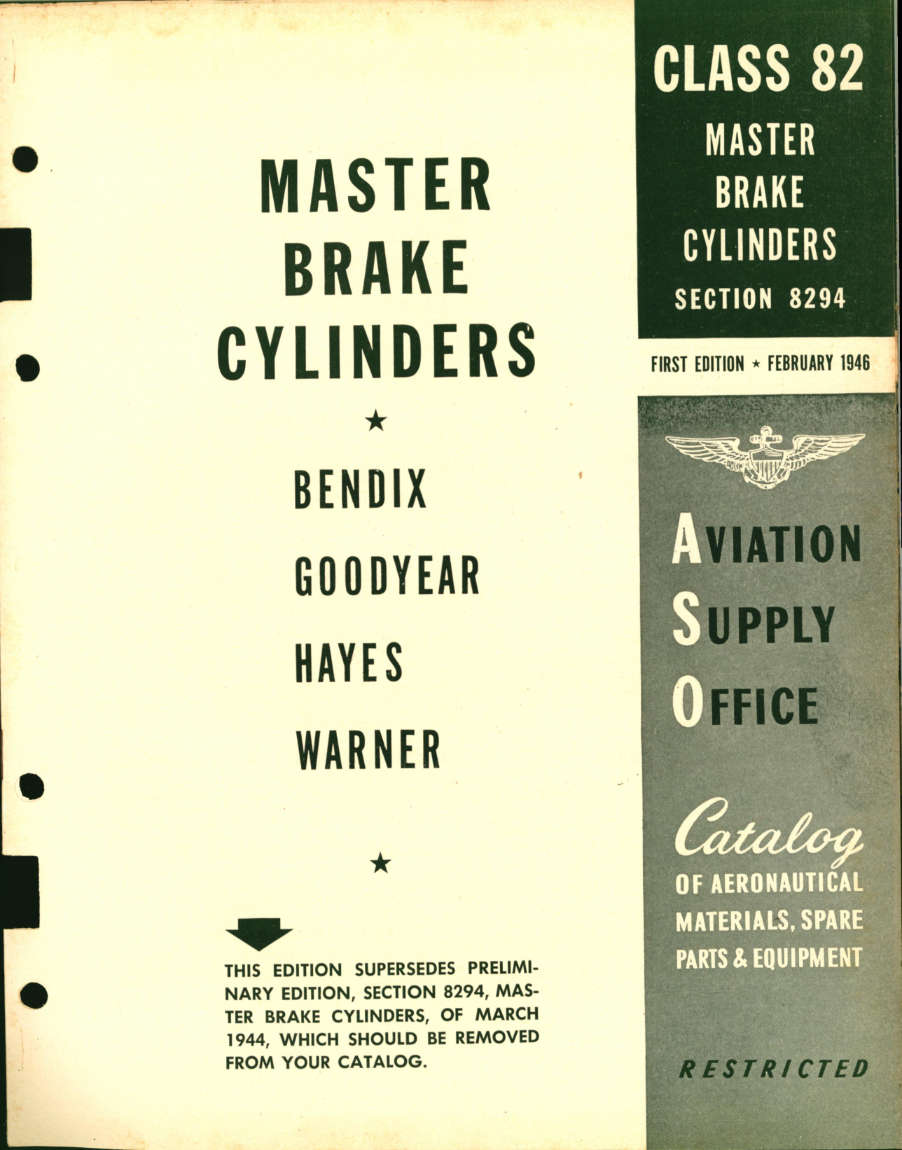 Sample page 1 from AirCorps Library document: Master Brake Cylinders for Bendix, Goodyear, Hayes, Warner