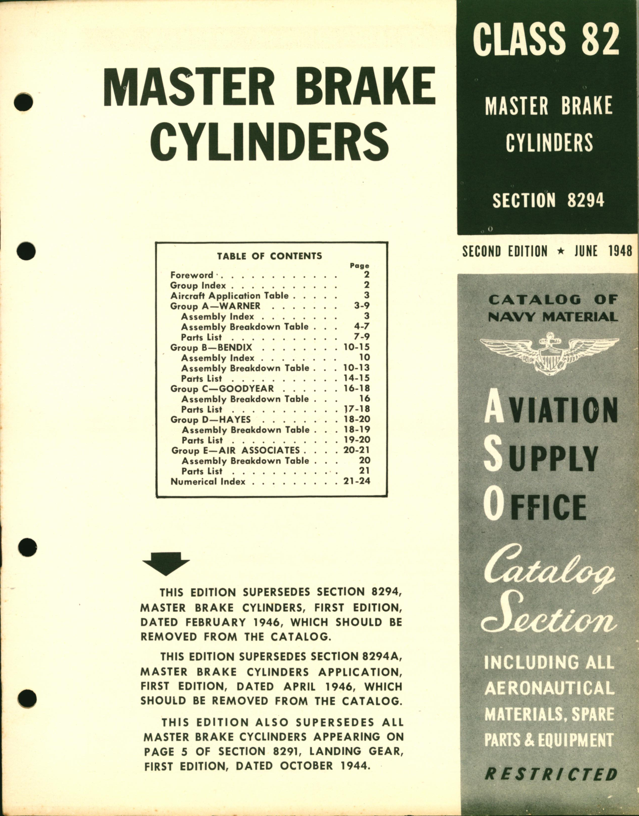 Sample page 1 from AirCorps Library document: Master Brake Cylinders for Bendix, Goodyear, Hayes, Warner, Air Associates