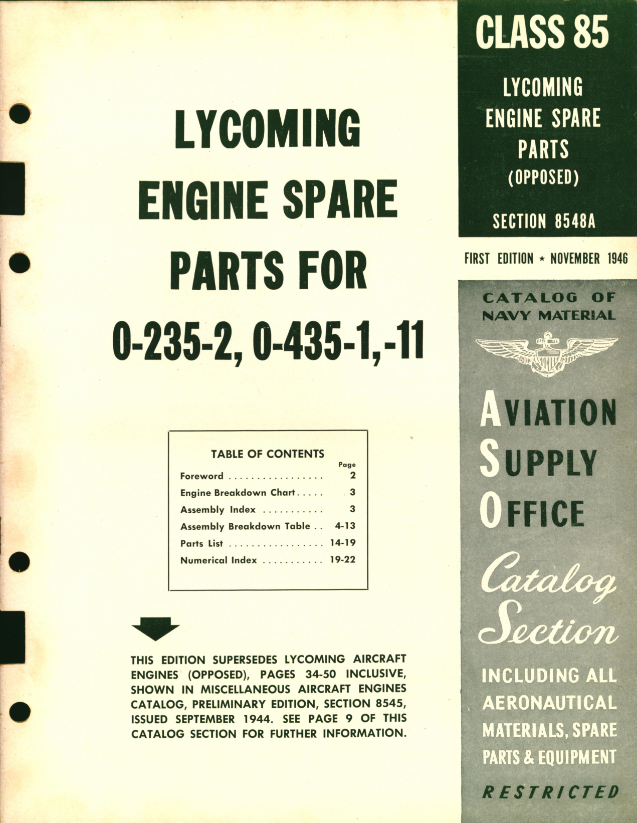 Sample page 1 from AirCorps Library document: Lycoming Engine Spare Parts (Opposed) for 0-235-2, 0-435-1, -11