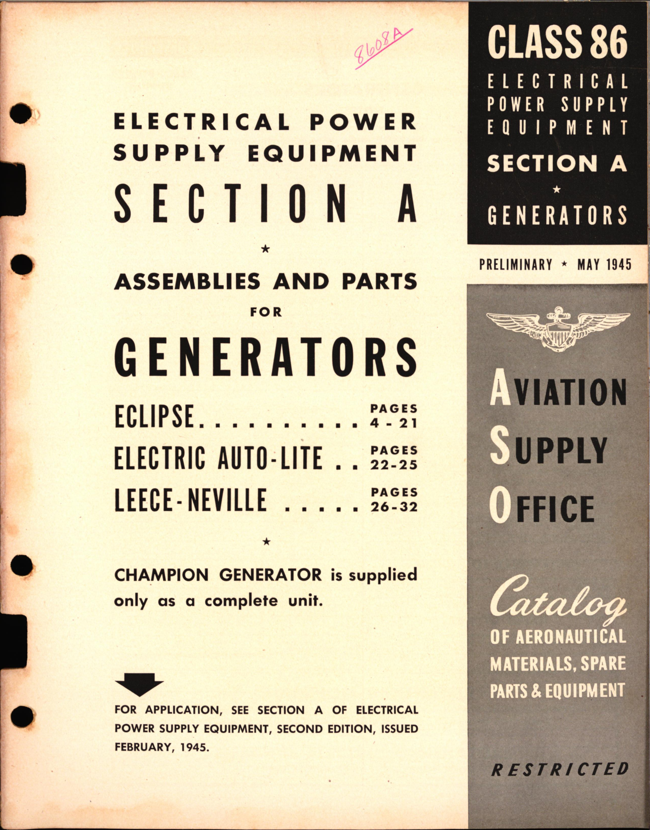 Sample page 1 from AirCorps Library document: Electrical Power Supply Equipment Section A Generators