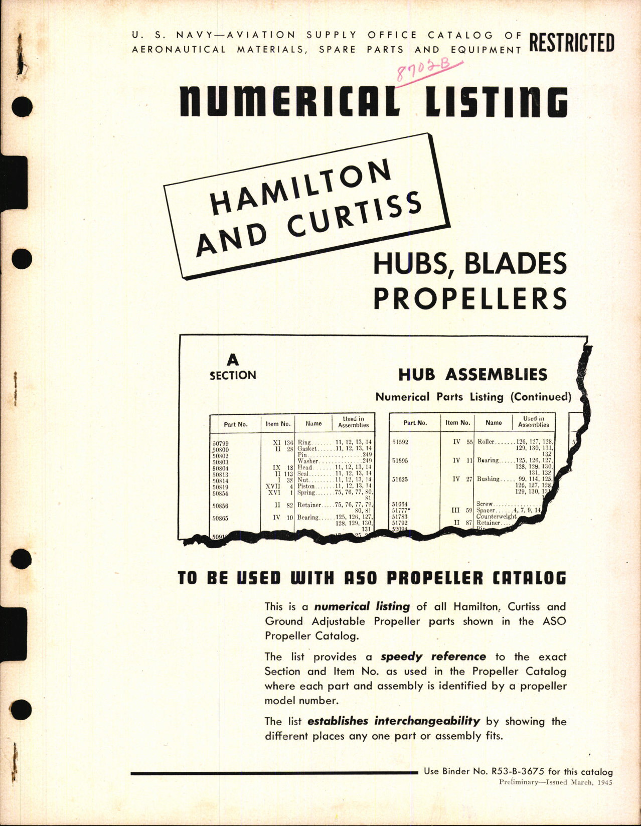 Sample page 1 from AirCorps Library document: Hamilton and Curtiss Propeller Hub and Blade Numerical Listings