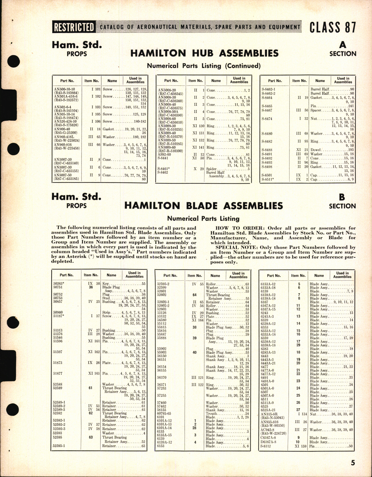 Sample page 5 from AirCorps Library document: Hamilton and Curtiss Propeller Hub and Blade Numerical Listings
