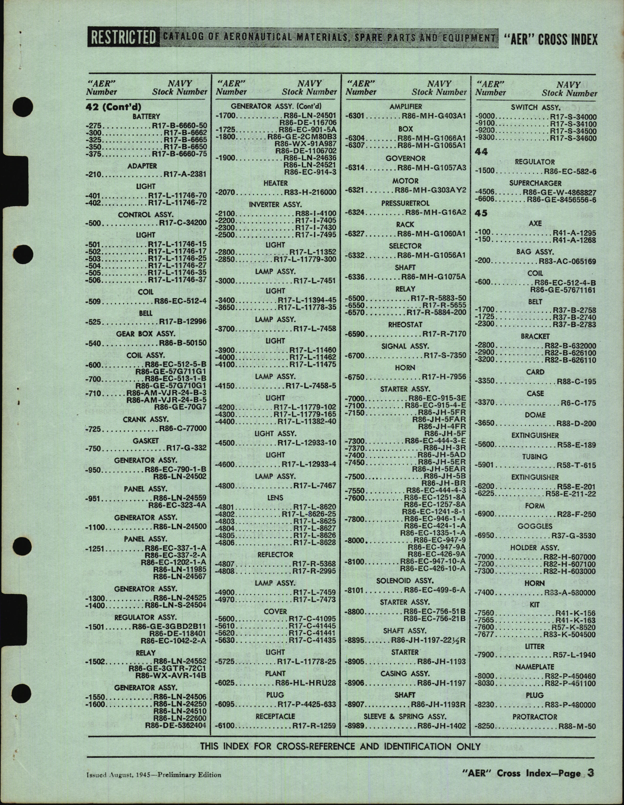 Sample page 3 from AirCorps Library document: Cross Index of Army Aeronautical Equipment Reference Numbers to Navy Stock numbers