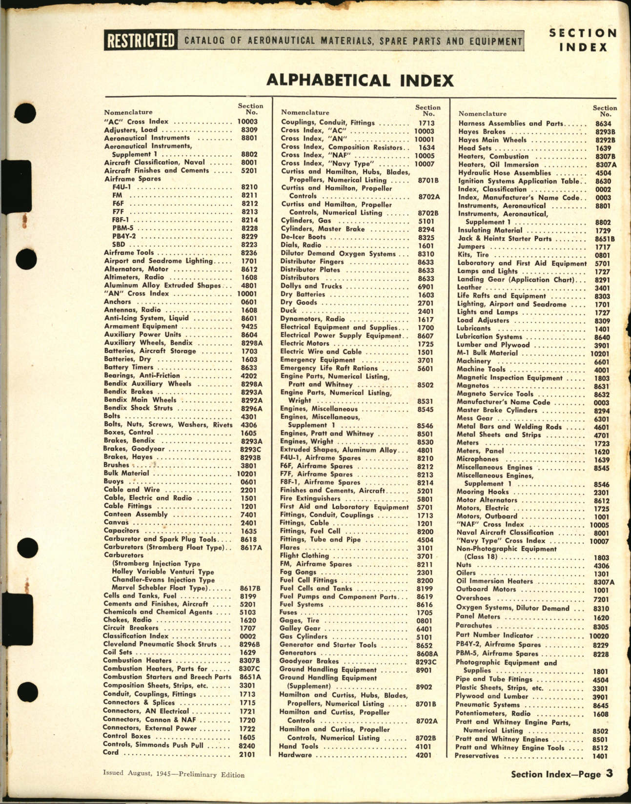 Sample page 3 from AirCorps Library document: Section Index