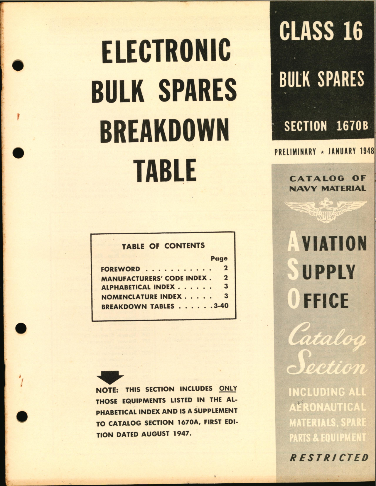 Sample page 1 from AirCorps Library document: Electronic Bulk Spares Breakdown Table