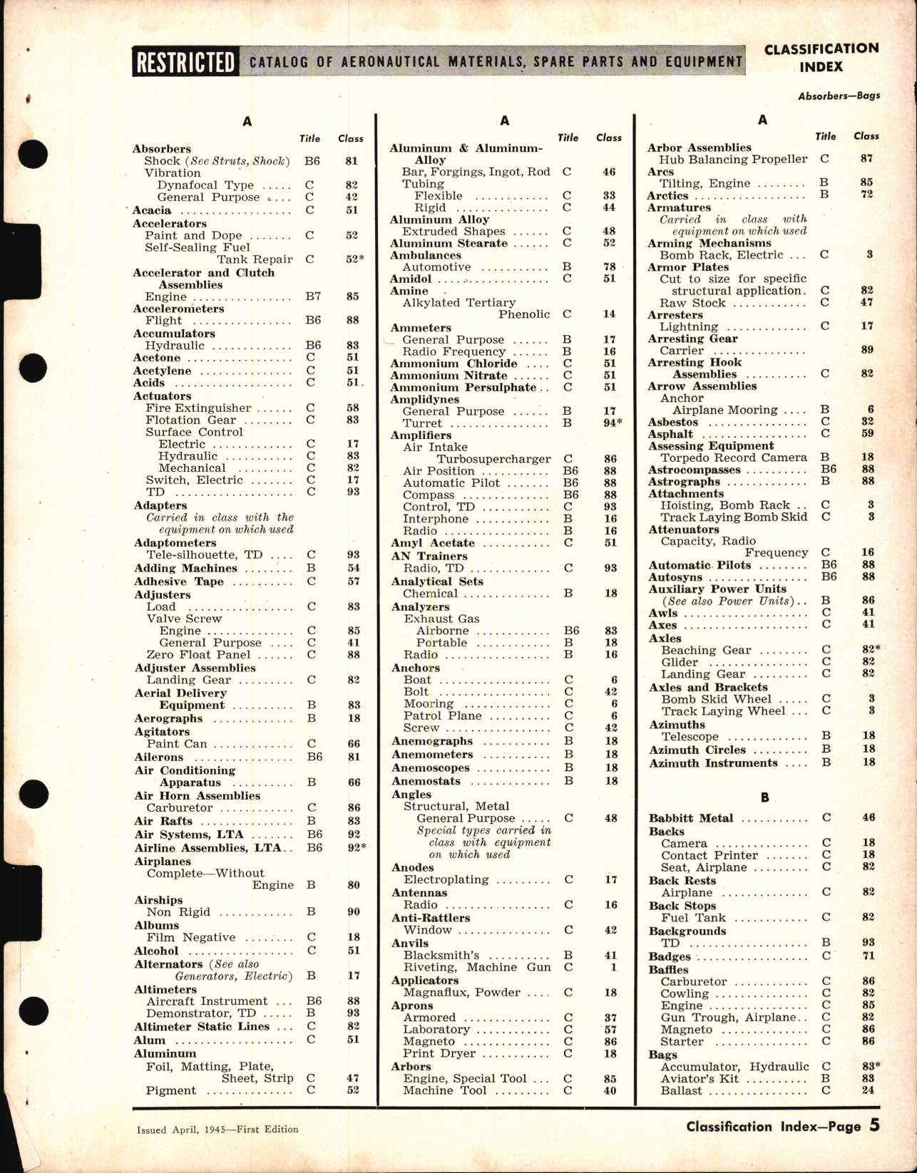 Sample page 5 from AirCorps Library document: Classification Index of Naval Aeronautical Materials