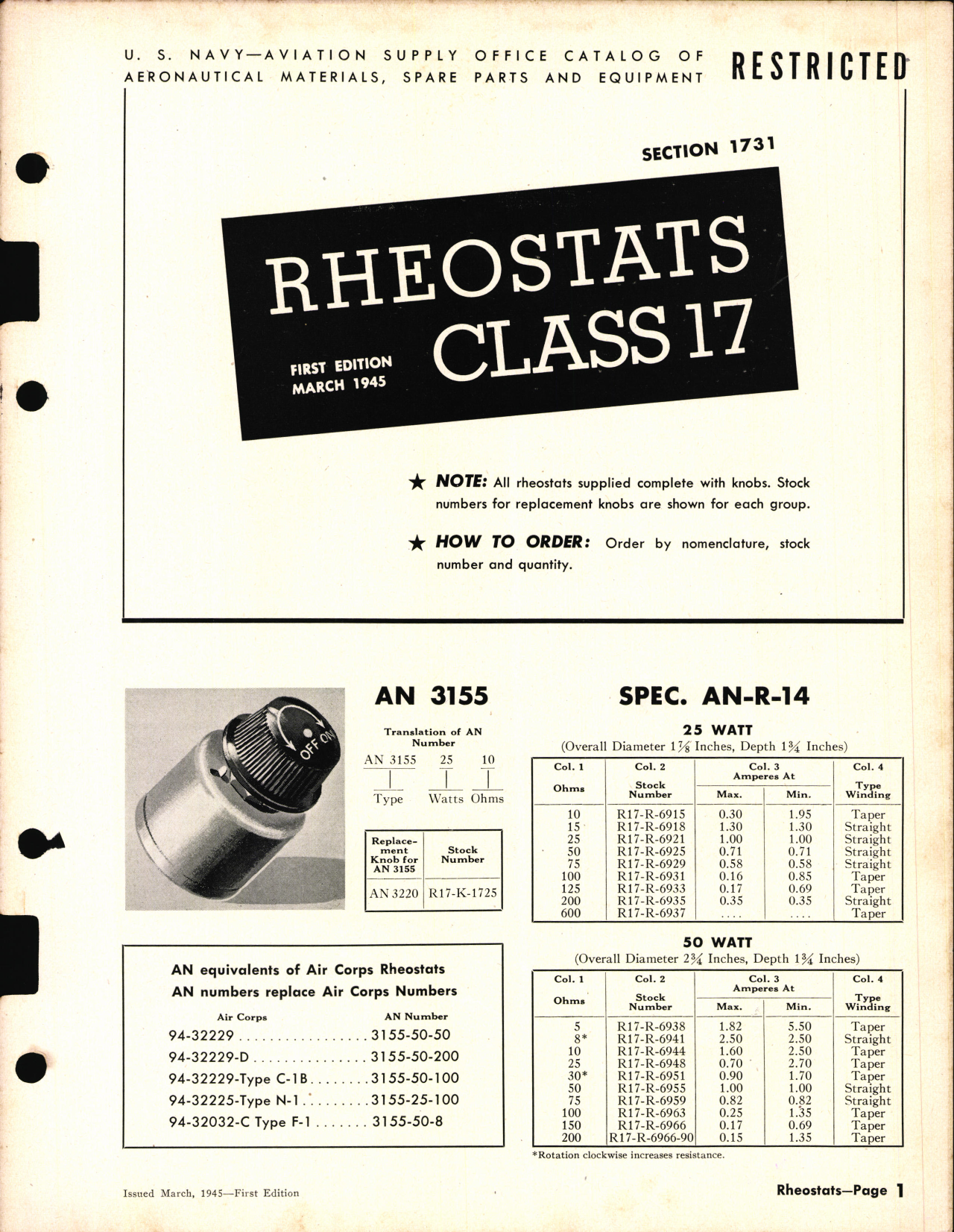 Sample page 1 from AirCorps Library document: Rheostats 