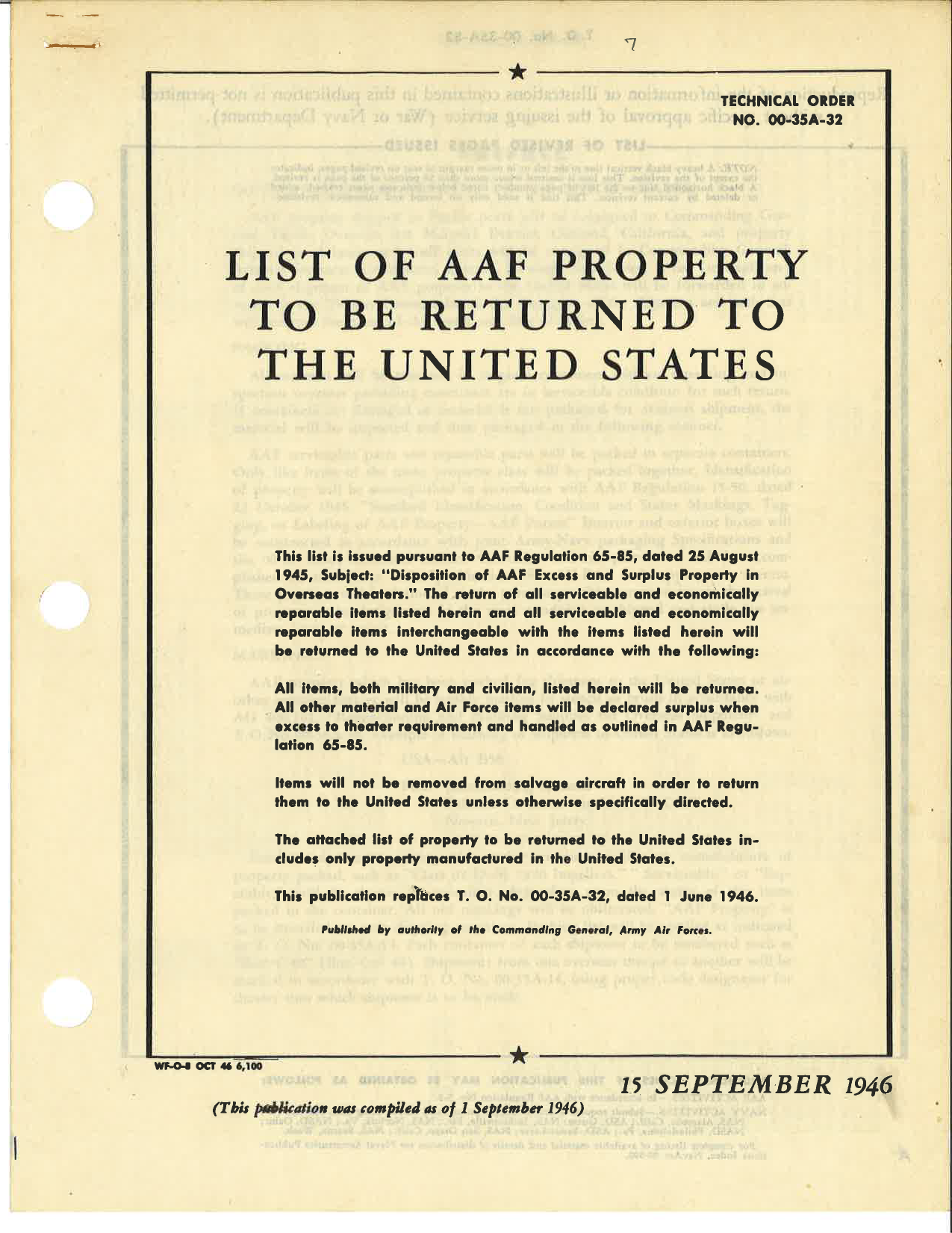 Sample page 1 from AirCorps Library document: List of AAF Property to be Returned to the United States