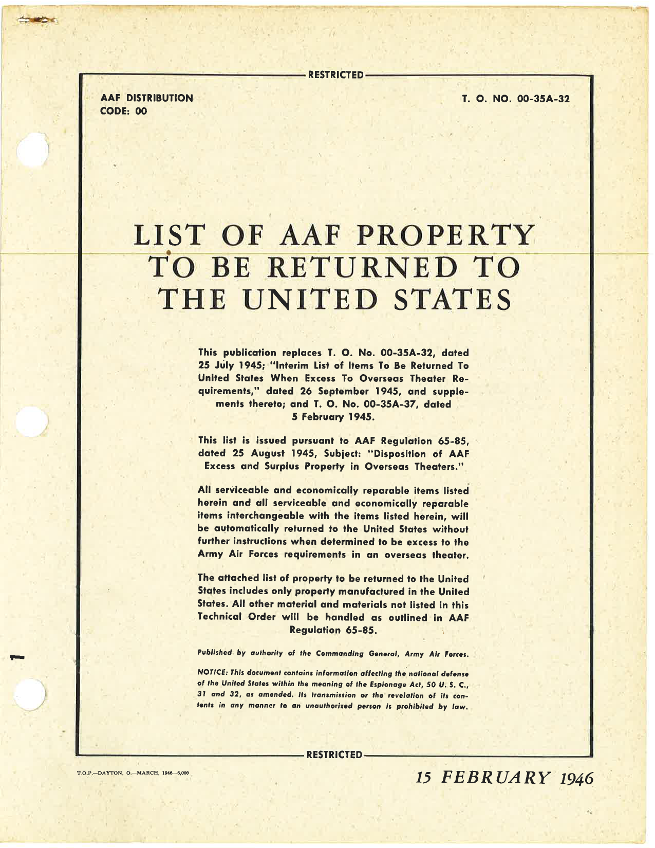 Sample page 1 from AirCorps Library document: List of AAF Property to be Returned to the United States
