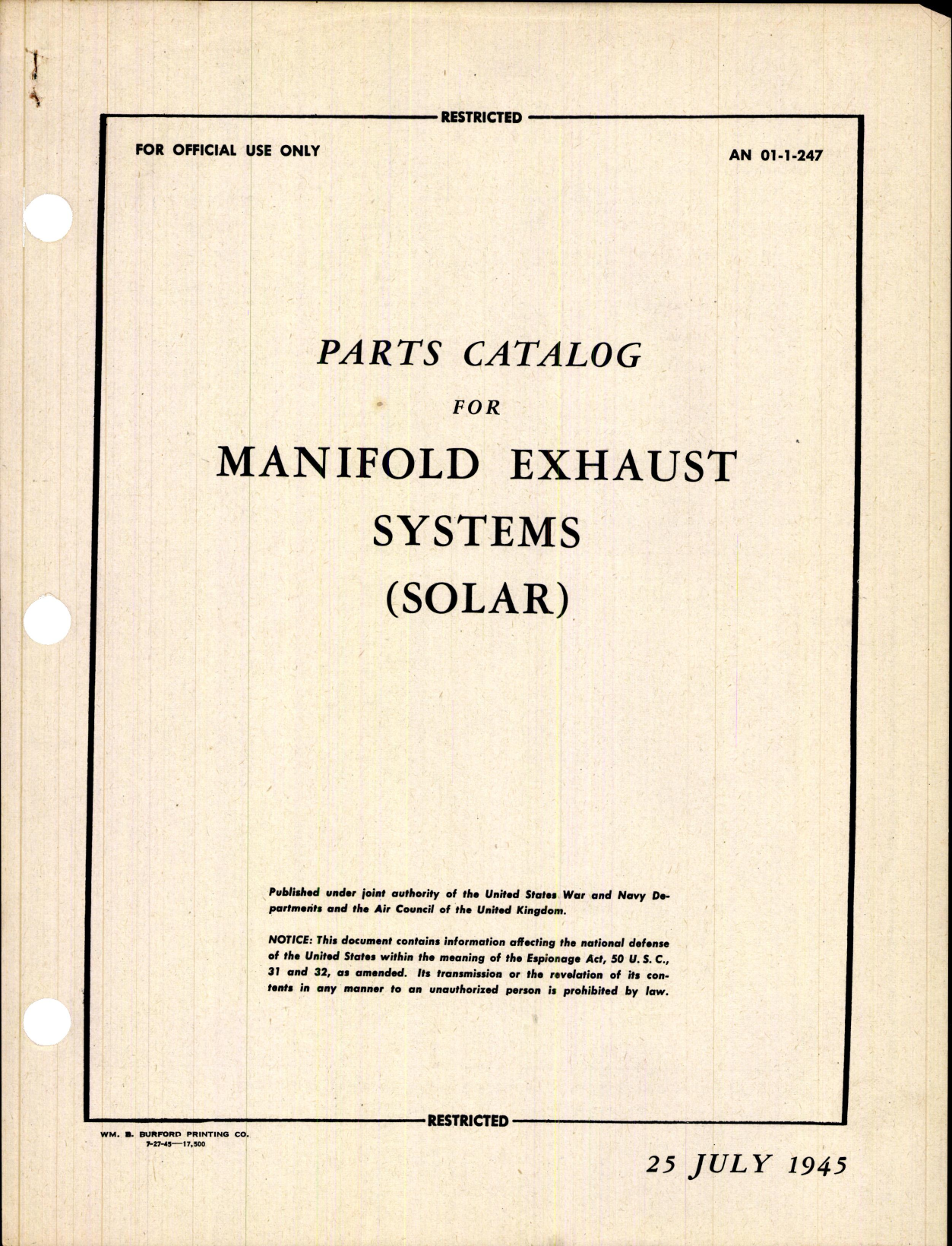 Sample page 1 from AirCorps Library document: Parts Catalog for Manifold Exhaust Systems (Solar)