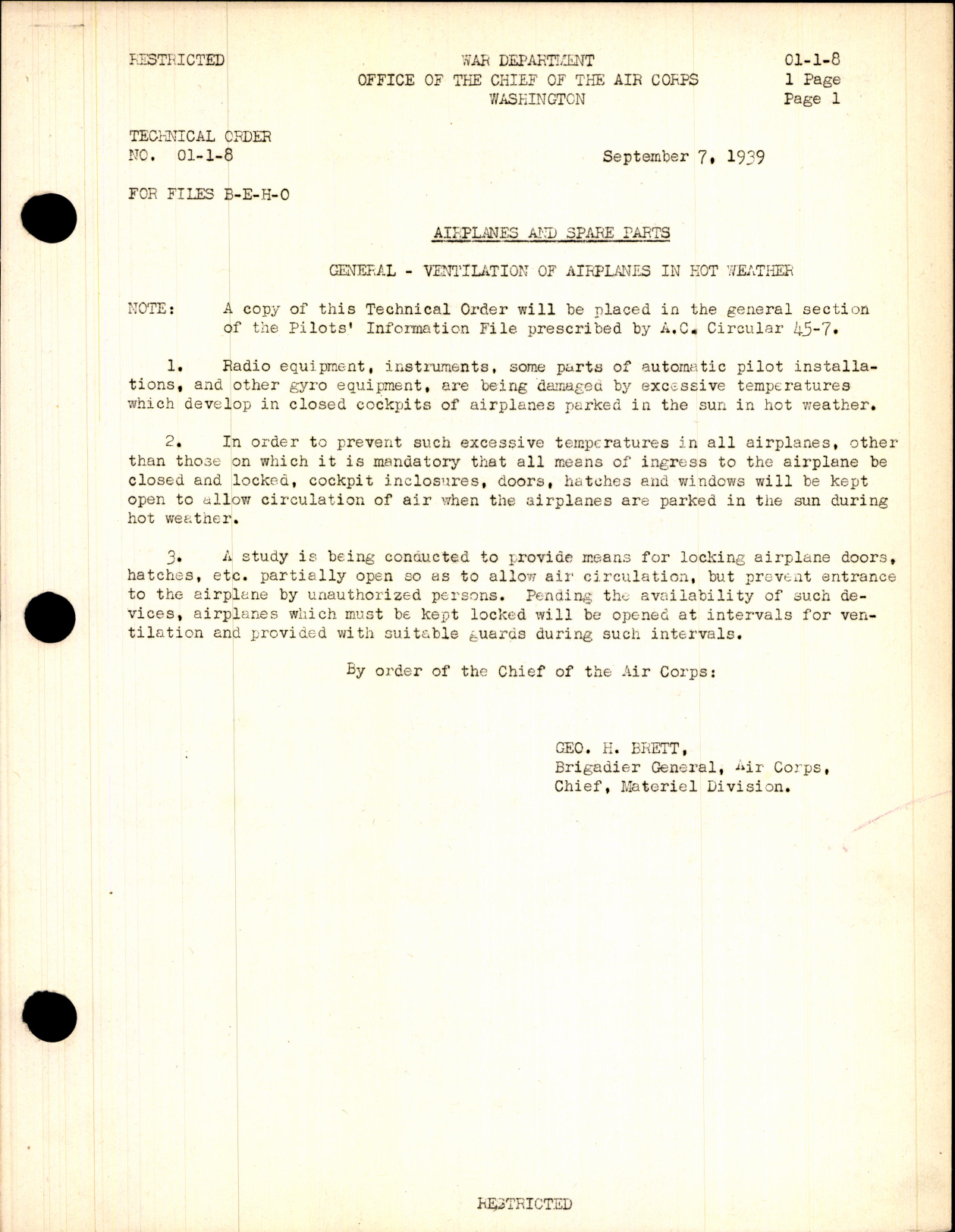 Sample page 1 from AirCorps Library document: Airplanes and Spare Parts for Ventilation of Airplanes in Hot Weather