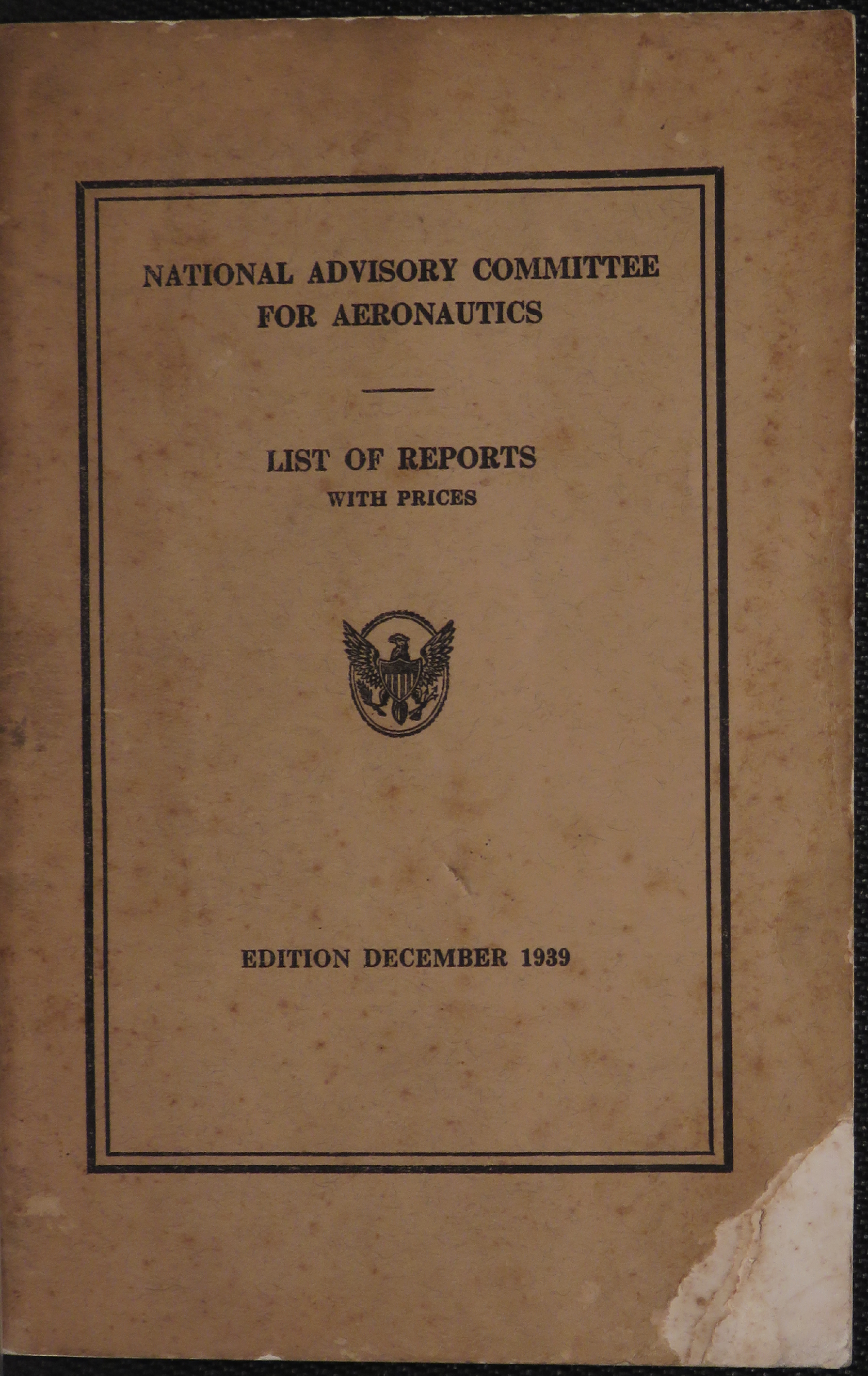 Sample page 1 from AirCorps Library document: National Advisory Committee for Aeronautics List of Reports with Prices