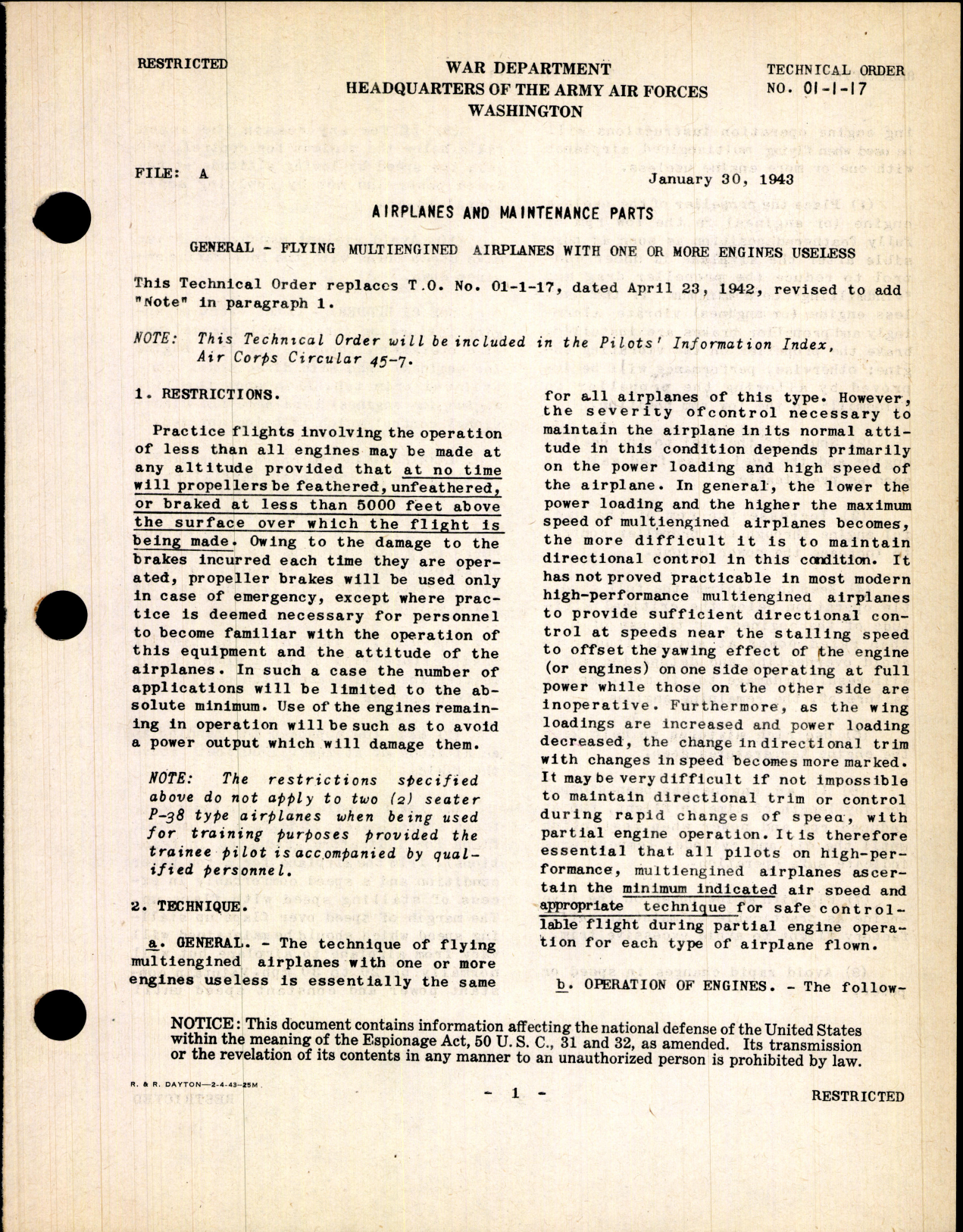 Sample page 1 from AirCorps Library document: Airplanes and Maintenance Parts for Flying Multiengined Airplanes with One or More Engines Useless