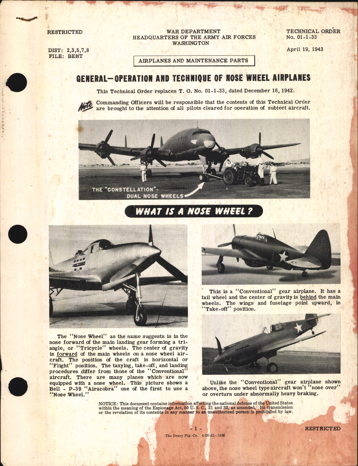 Sample page 1 from AirCorps Library document: Airplanes and Maintenance Parts for Operation and Technique of Nose Wheel Airplanes