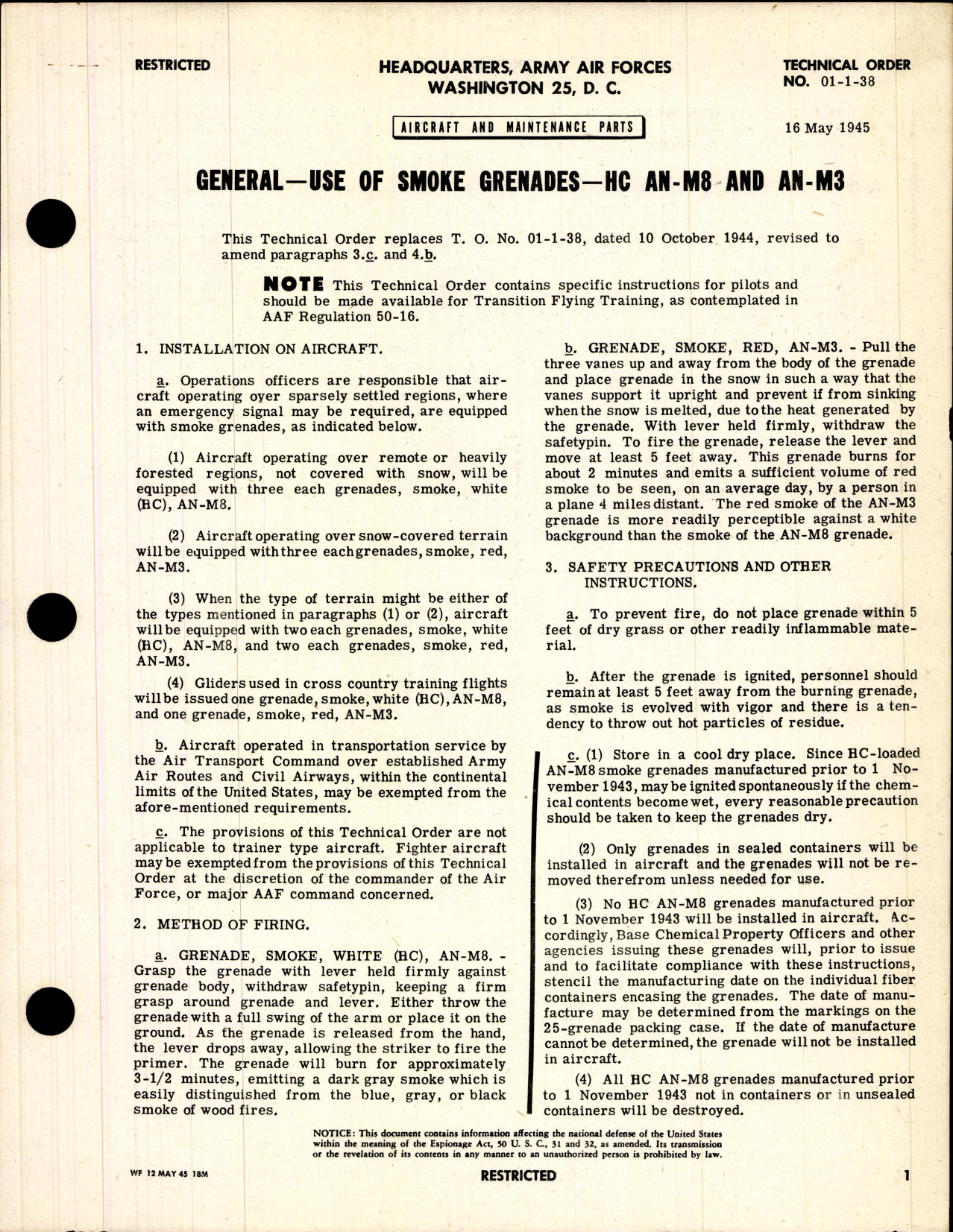 Sample page 1 from AirCorps Library document: Aircraft and Maintenance Parts for Use of Smoke Grenades HC, AN, M8, and AN-M3